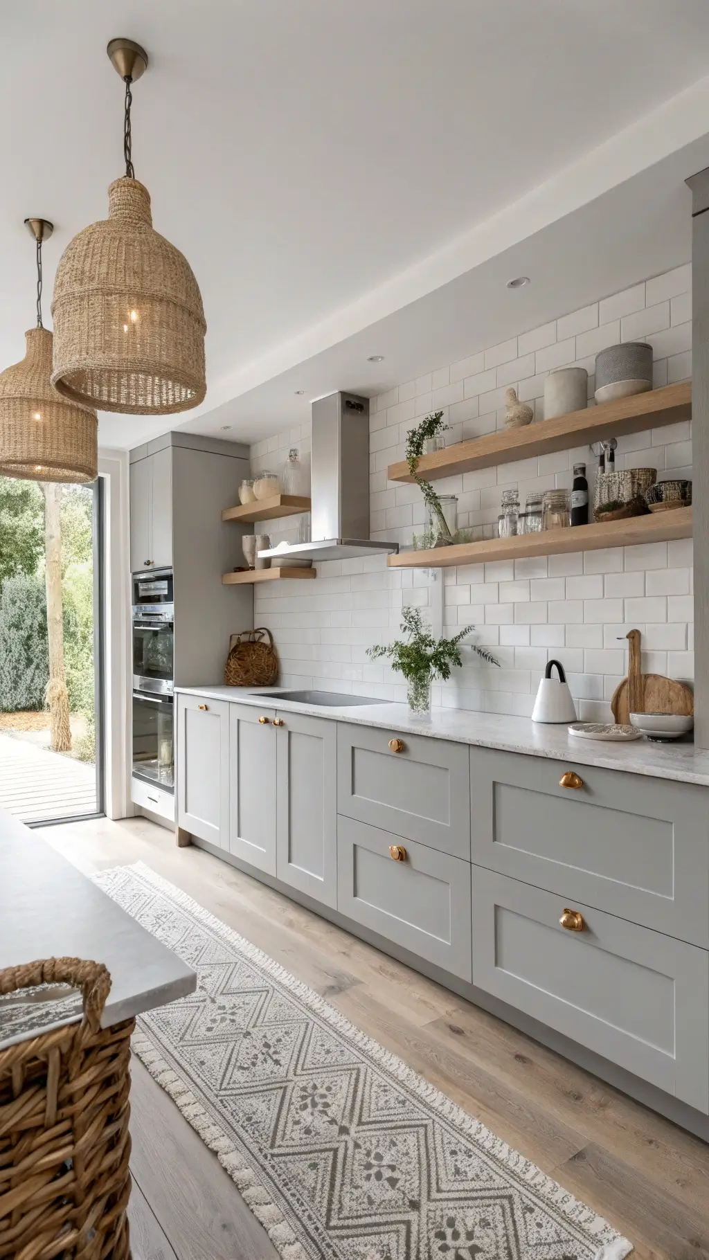 Scandinavian grey kitchen with minimalist design, light grey cabinets, wooden open shelving, white counters, tall cabinet wall, and neutral-toned decorative elements.