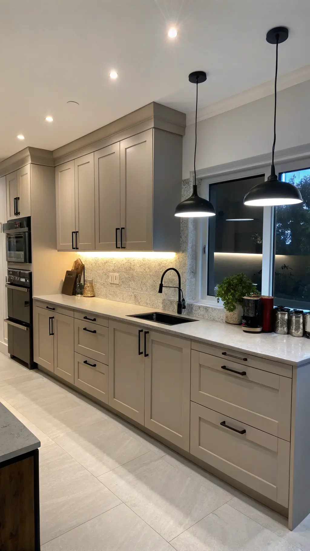 Modern minimalist kitchen with taupe cabinets, under-cabinet LED lighting, matte black hardware, concrete countertops, stainless steel appliances, and an oversized black pendant lamp over a waterfall edge island.