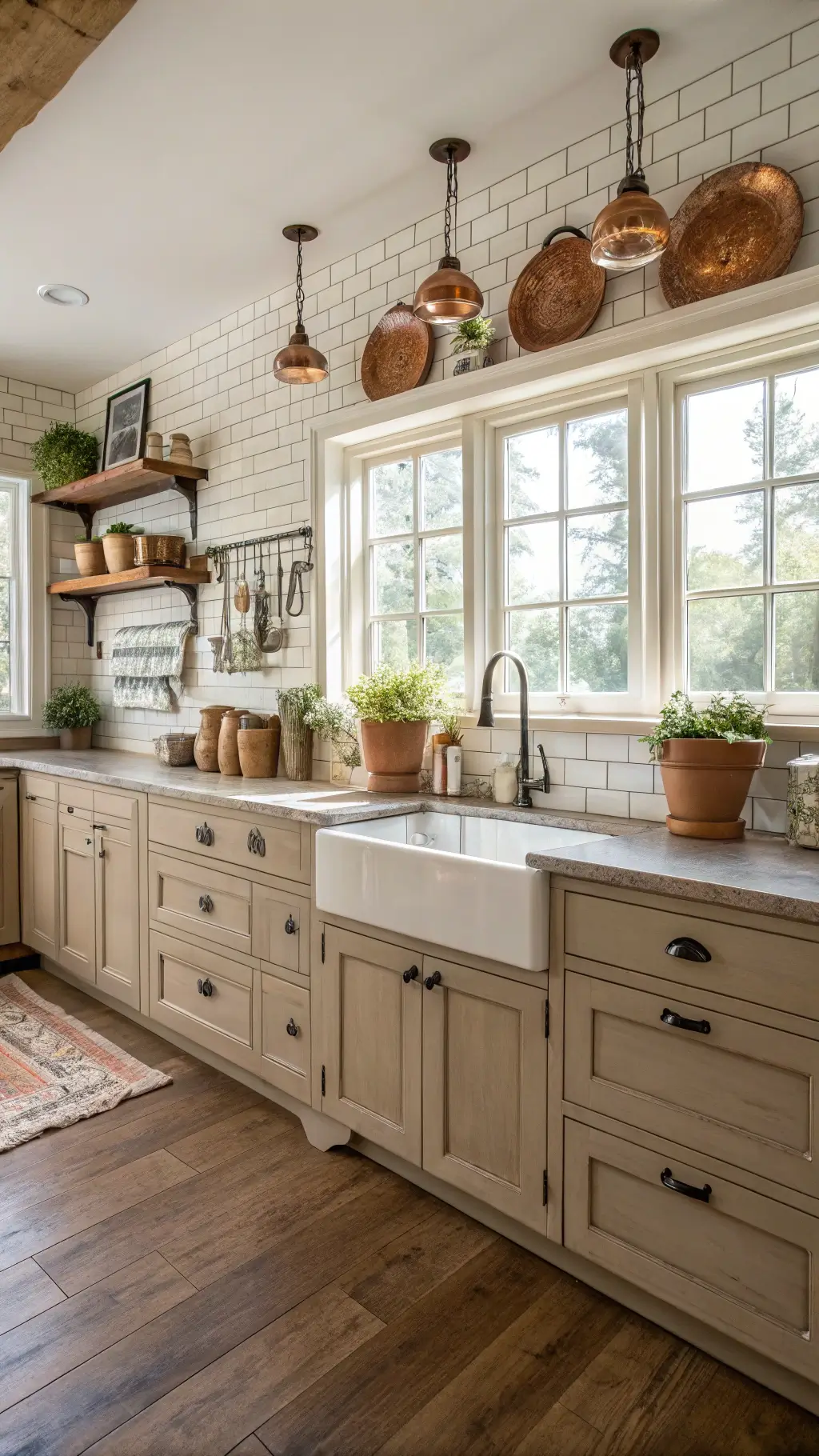 Rustic sunlit farmhouse kitchen with taupe beadboard cabinets, wide oak flooring, white subway tile backsplash, vintage copper pots, fresh herbs in windowsills, and cream ceramic sink with bronze fixtures.