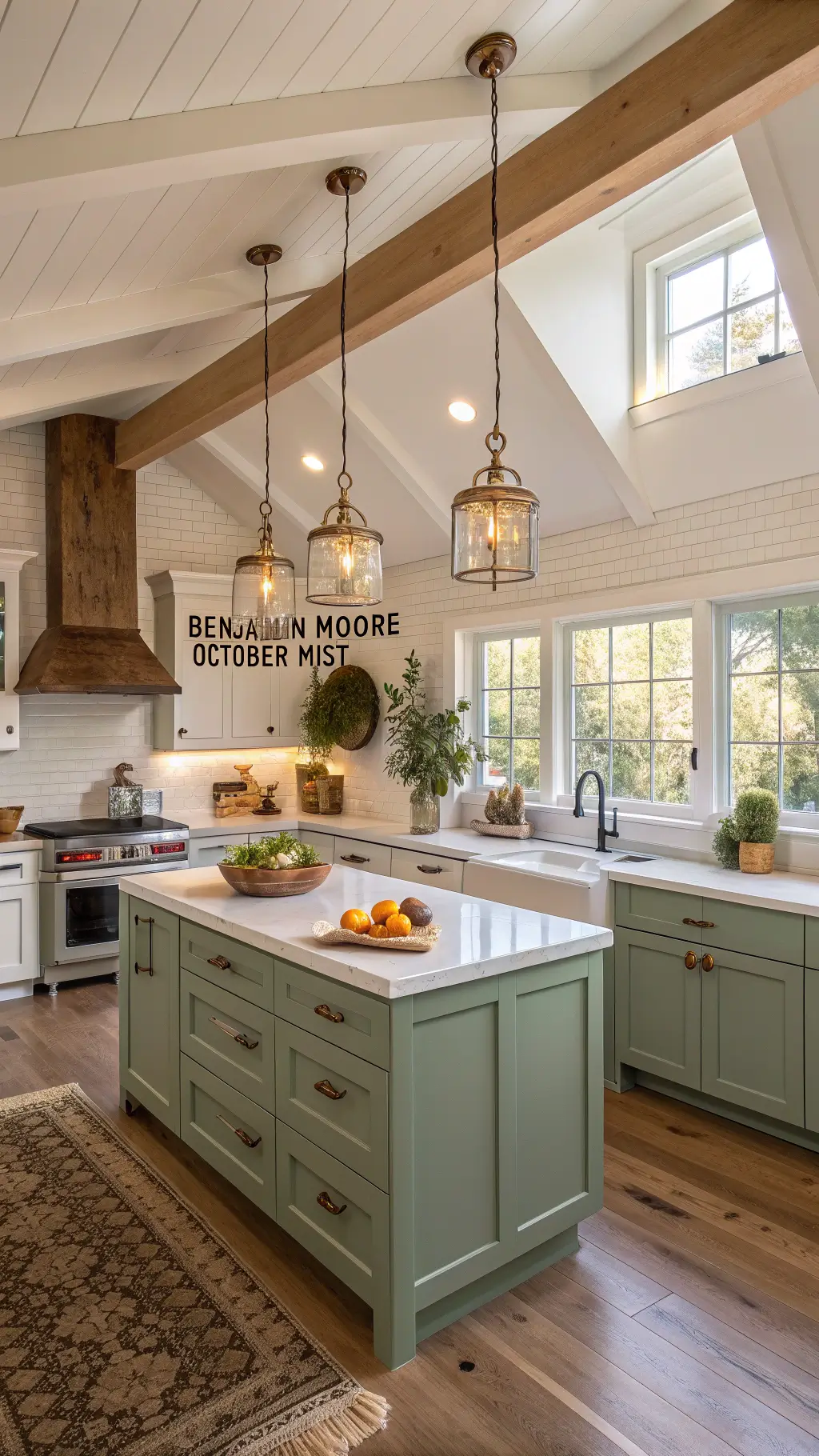 Sunny kitchen with sage green shaker cabinets, white quartz countertops, rustic oak island, and vintage details during golden hour