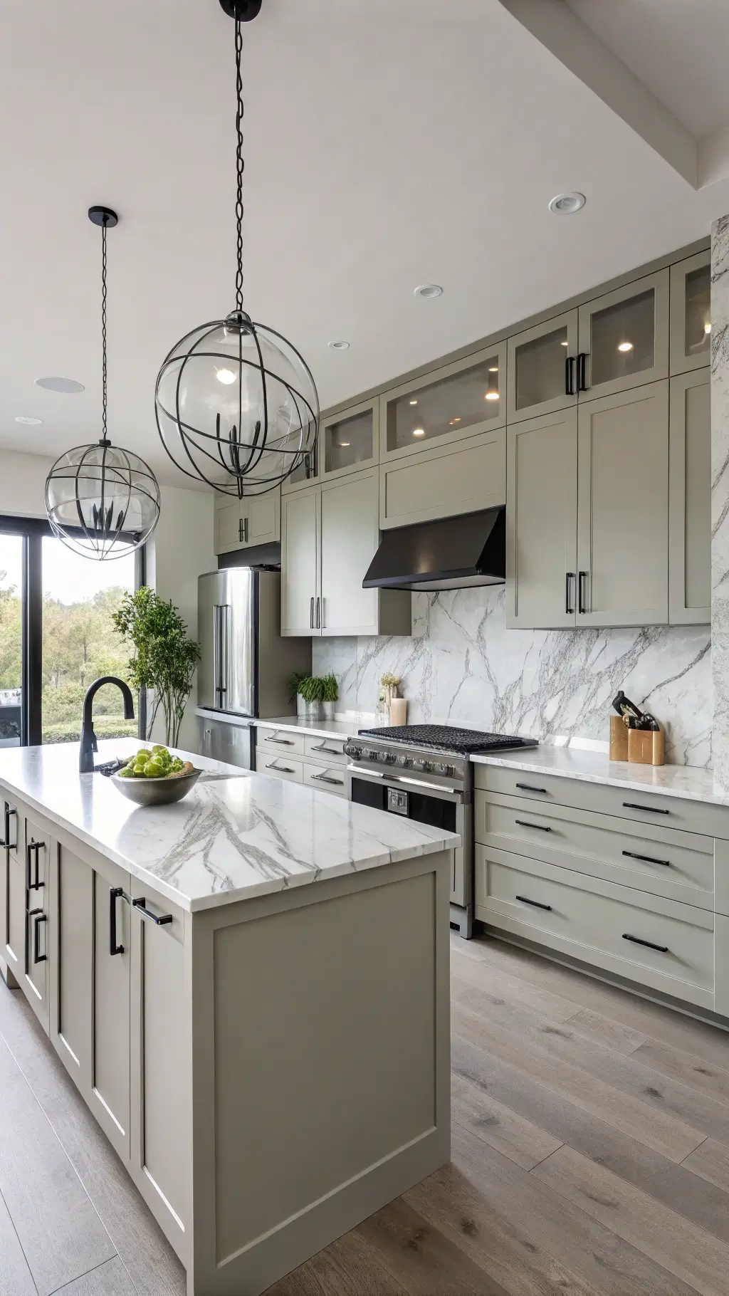 Modern kitchen with Carolina Gull sage cabinets, black hardware, marble backsplash, stainless appliances, and a concrete island under glass pendants, decorated with geometric vessels and sculptural branches, in cool natural light.