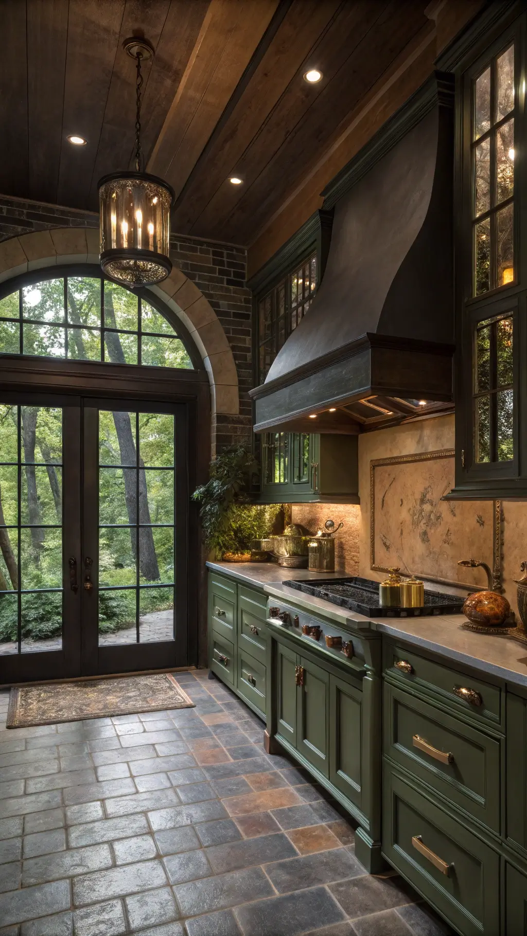Vintage 14'x16' kitchen with Forest Floor cabinets, antique brass fixtures, and dark soapstone counters. 1920s arched windows showcase garden views. Features include a copper range hood, handmade subway tiles, and a Persian runner. View from dining entrance with dramatic lighting casting atmospheric shadows.