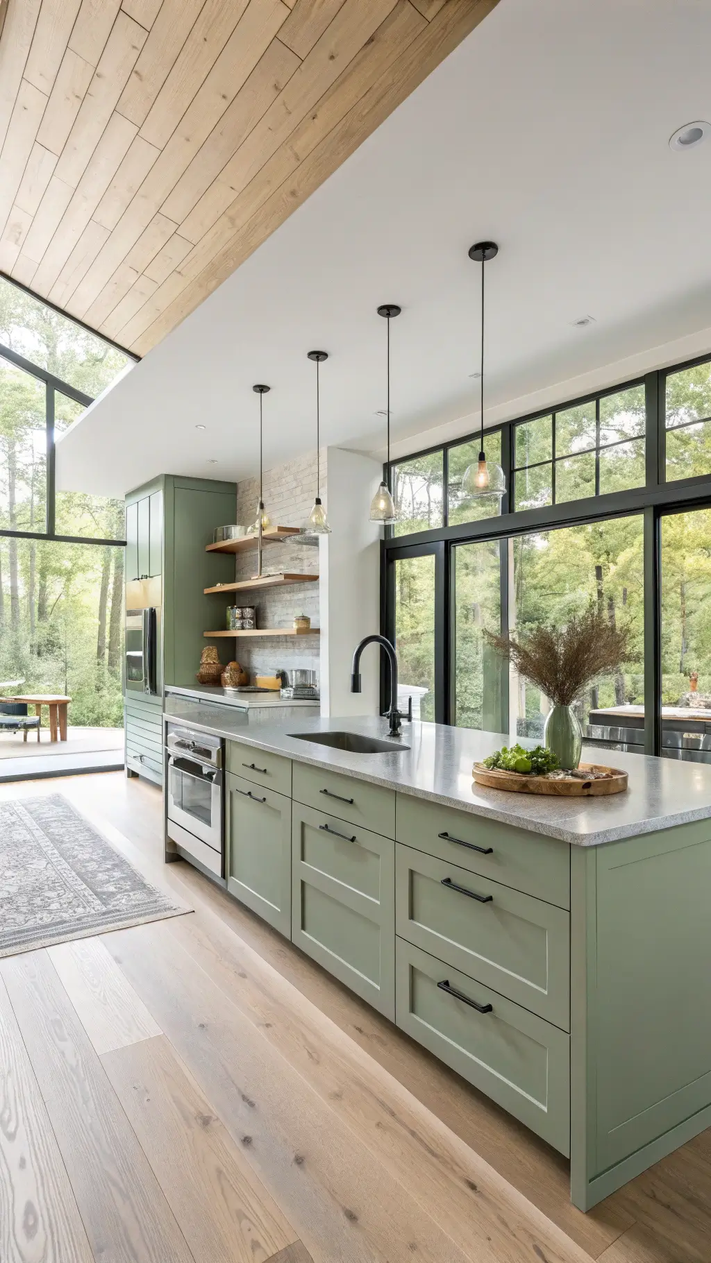 Bright contemporary kitchen with sage green cabinets, white oak flooring, integrated appliances, floating open shelves, industrial pendant lights, and concrete countertops in front of floor-to-ceiling windows.