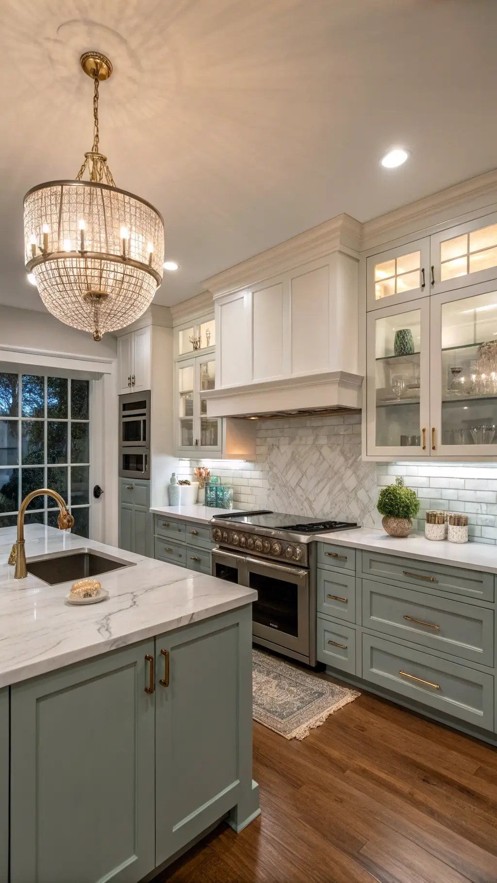 Transitional kitchen with sage cabinets, marble subway tile backsplash, crystal chandelier, quartzite-topped island, and white oak floating shelves, styled with chinoiserie and shot at blue hour through a butler's pantry doorway.
