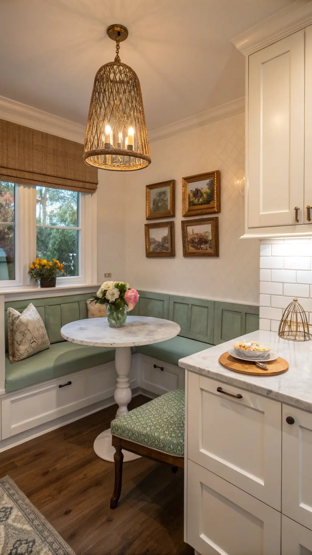 Cozy 9'x11' kitchen nook with Carolina Gull lower cabinets, white upper cabinets, Zellige tile backsplash, and built-in banquette with sage green cushions captured at dawn. Decor includes a rattan pendant, vintage oil paintings in gilt frames, and a marble bistro table with fresh flowers, shot from a seated eye-level perspective.