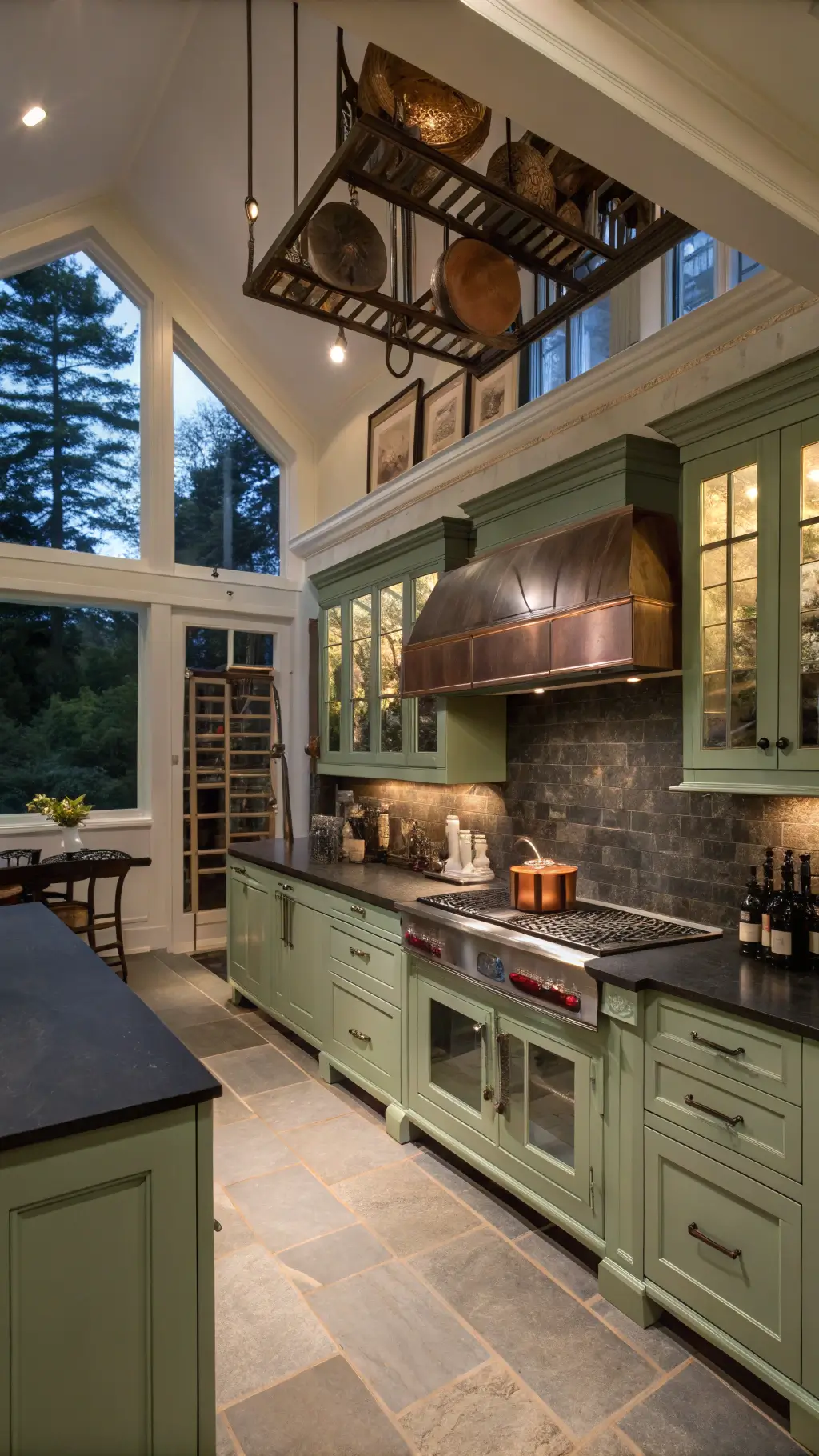 Luxurious 16'x20' chef's kitchen at dusk with stainless appliances, sage green cabinets, black limestone counters, copper pot rack, mirror backsplash, wine storage wall, and dramatic lighting highlighting architectural details.