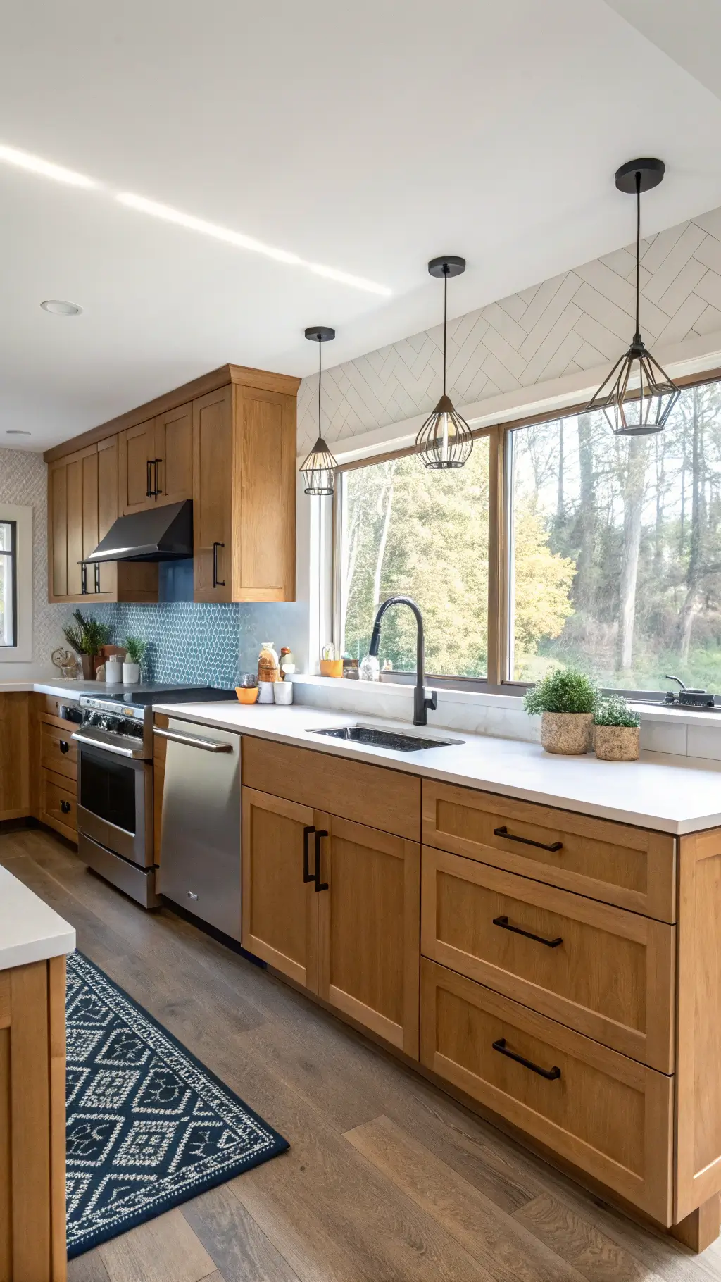 Bright and airy L-shaped kitchen with honey oak cabinets, white quartz countertops, navy tile backsplash, and stainless steel appliances during golden hour.