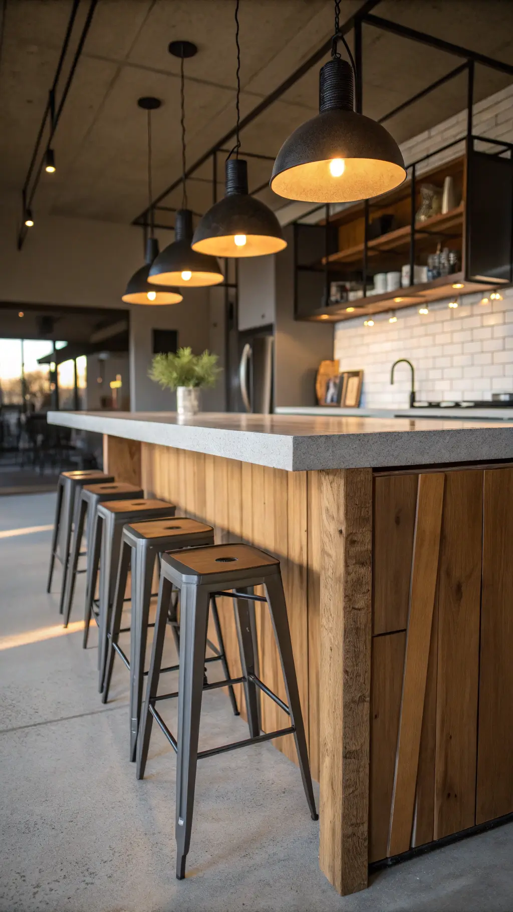 Industrial-chic kitchen island with honey oak wood and concrete countertops under dramatic black metal pendant lights, accentuated by dawn's directional lighting.
