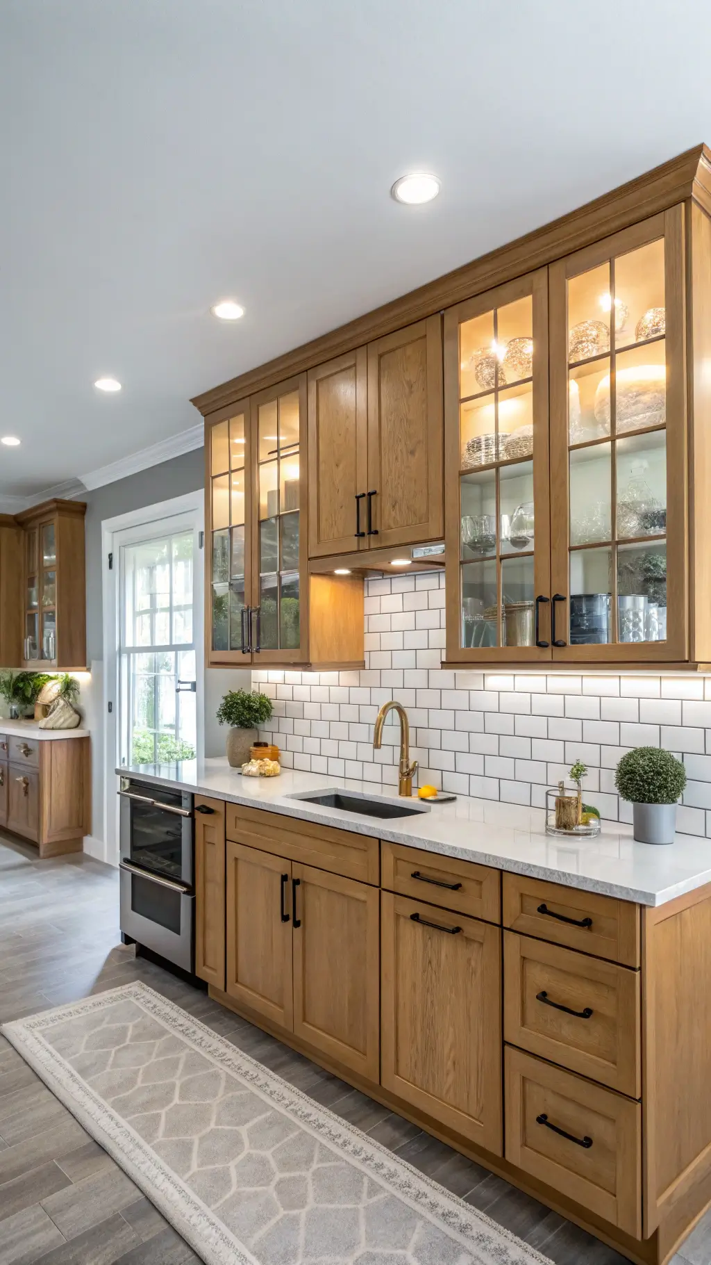 Elegant high-key kitchen with honey oak cabinets, glass-front upper cabinets with LED lighting, gray walls, subway tile backsplash with dark grout, and gold hardware during mid-morning.