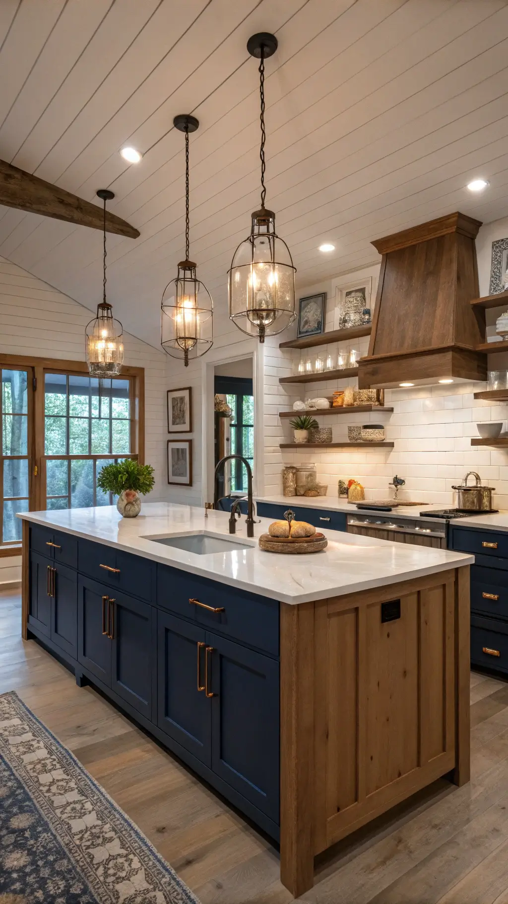 Modern farmhouse kitchen with honey oak cabinets, navy blue island, vintage glass pendants, white Carrara marble countertops, and open shelves displaying pottery against shiplap walls at dusk