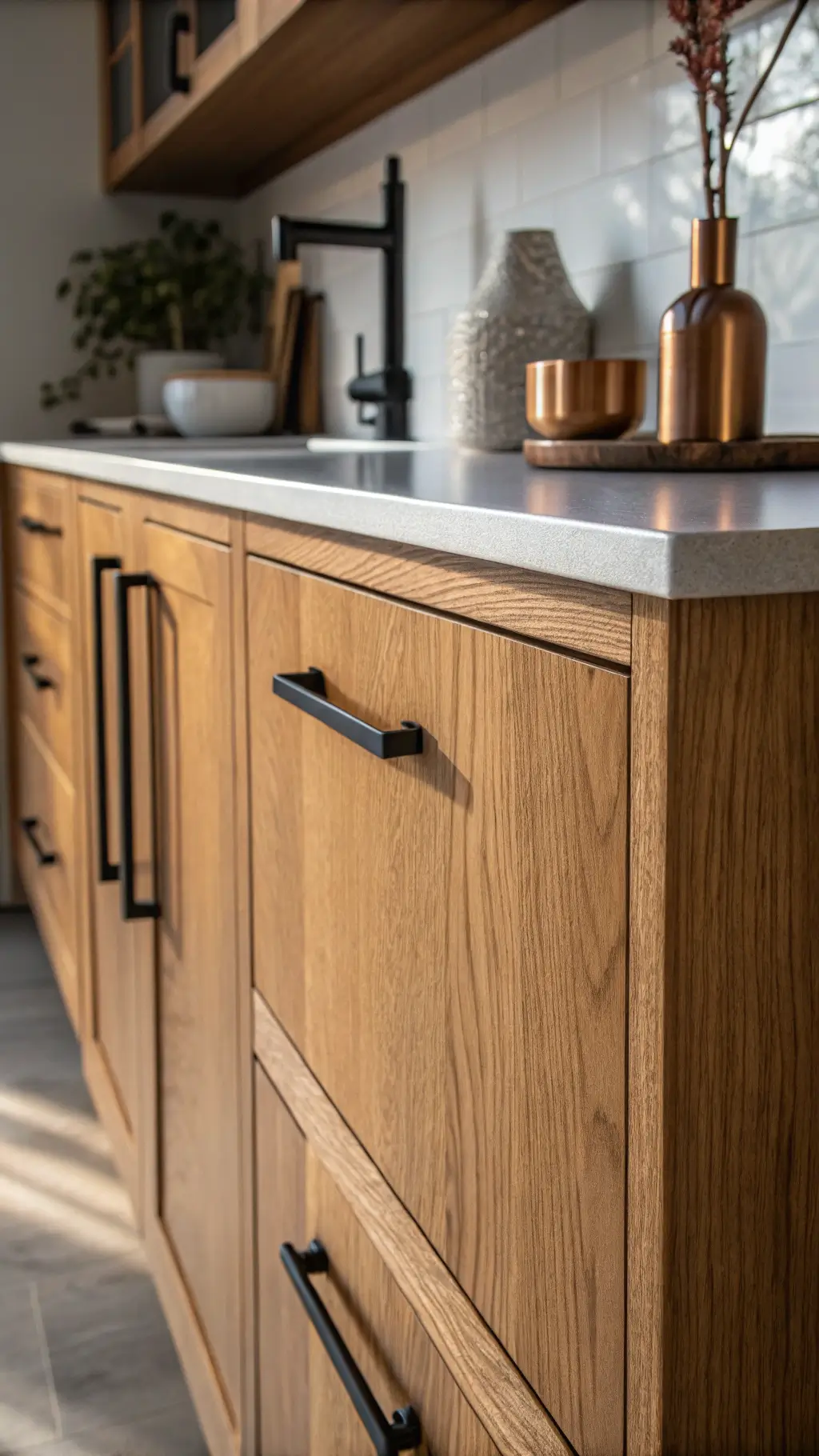 Close-up corner view of a honey oak cabinet with matte black pulls, featuring a floating quartz shelf with minimalist ceramics and copper accessories, dramatically lit to emphasize wood grain and contemporary style.