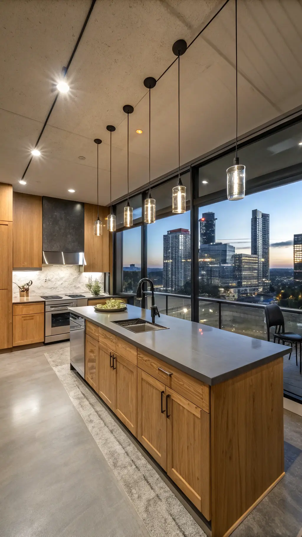 Twilight view of an open-concept kitchen with honey oak cabinets, industrial concrete countertops, waterfall island edge, large windows with city view, pendant lights, stainless steel appliances, and black accents highlighting spaciousness and contrasting materials.