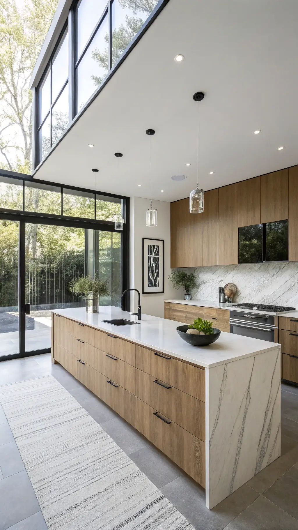 Sleek modern minimalistic kitchen with natural light pouring through floor-to-ceiling windows, hickory cabinets with matte black hardware, pure white quartz island, featuring geometric pottery, fresh herbs and abstract black art.