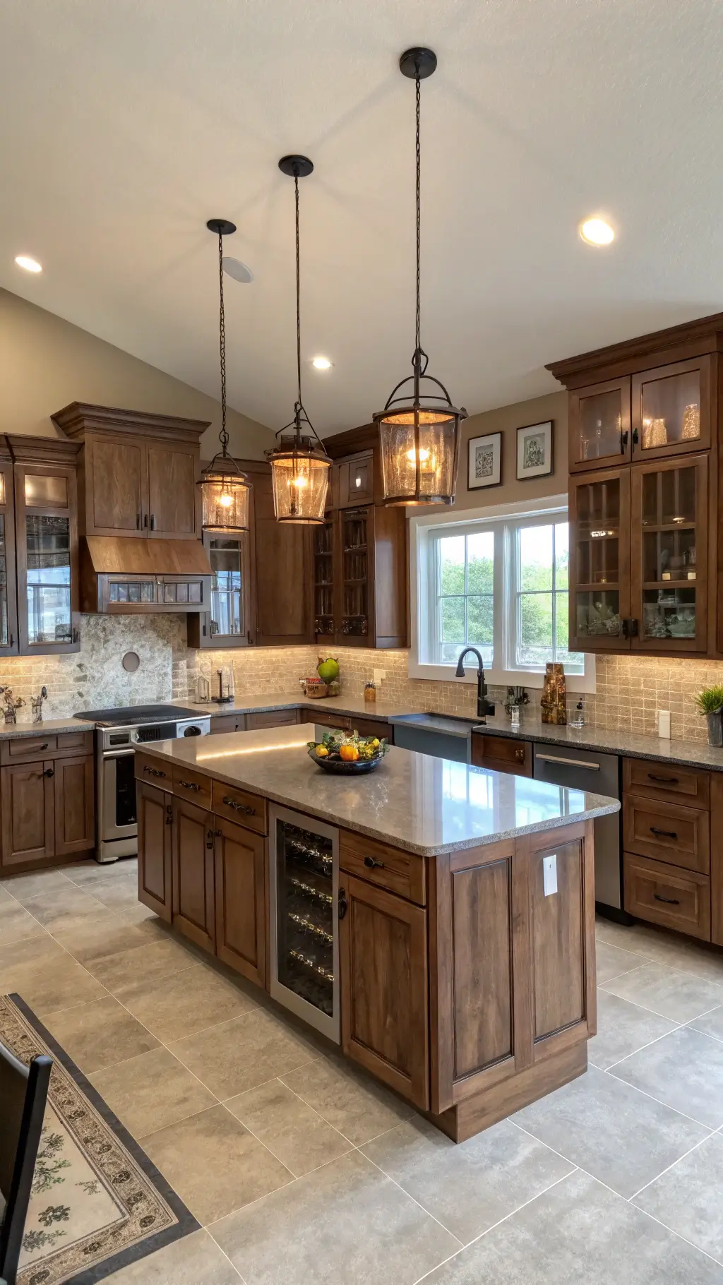 Elegant and spacious kitchen with hickory cabinet layout, gray quartz counters, and a large center island, illuminated by warm bronze pendant lights and late afternoon interior lighting.