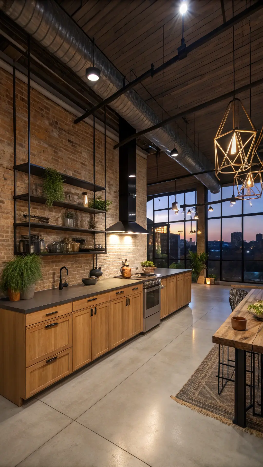 Urban loft kitchen with natural hickory cabinets, steel beams, exposed brick walls, polished concrete floors, stainless appliances, blackened steel open shelving, and geometric pendant lights above a waterfall island, styled with copper cookware and architectural plants