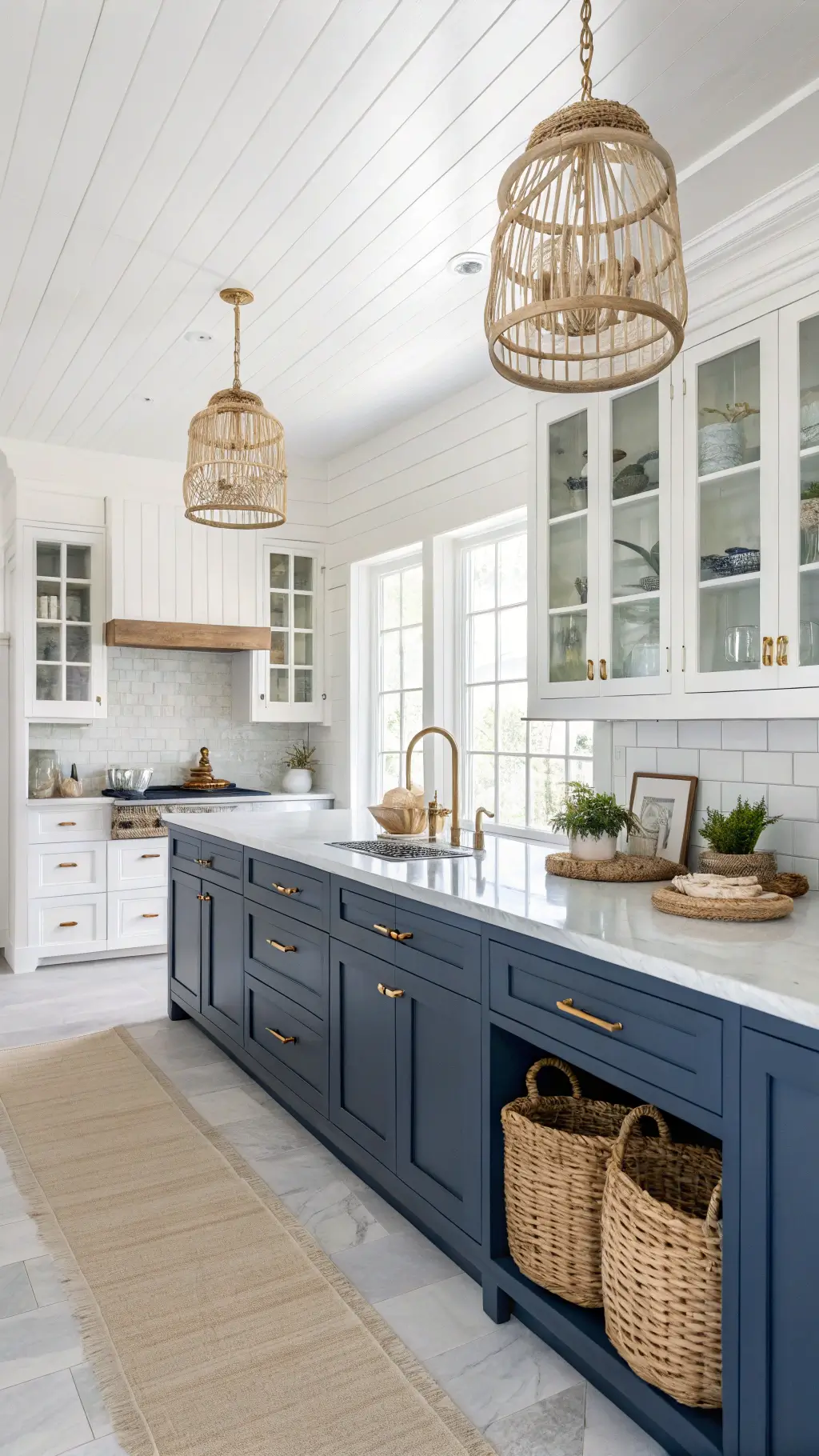 Bright and airy coastal kitchen with whitewashed hickory cabinets, navy blue island, white shiplap walls, limestone floors, rattan pendants and beach accents