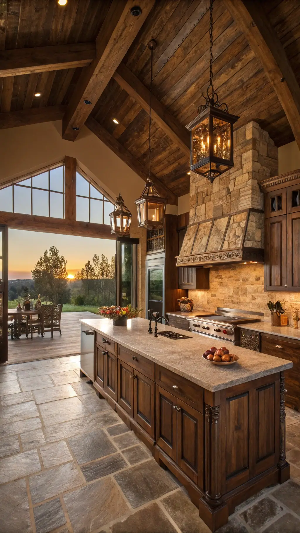 Dramatic and luxurious rustic luxe kitchen at sunset featuring vaulted ceiling with exposed hickory beams, rich stained hickory cabinets, antique copper accents, and ambient lighting