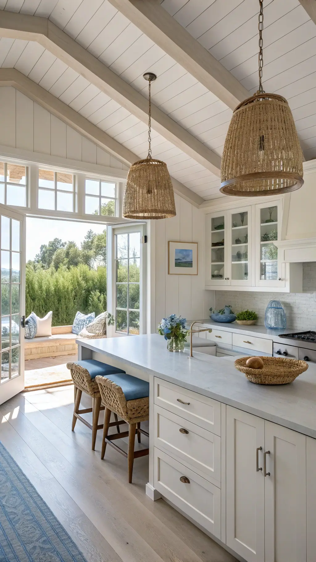 Bright and airy 16x22ft ASKERSUND kitchen with beamed ceiling, light ash cabinets, white quartz counters, and beach-inspired styling. Features a built-in window seat, glass-front display cabinets, and rattan pendant lights with mid-morning light streaming through French doors.