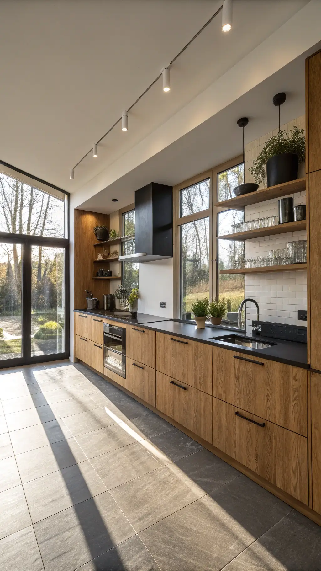 Sunny modern kitchen in ENKÖPING style featuring warm wood cabinets, black stone counters and minimalistic black and bamboo décor, shot from the corner to highlight clean lines and wood grain.