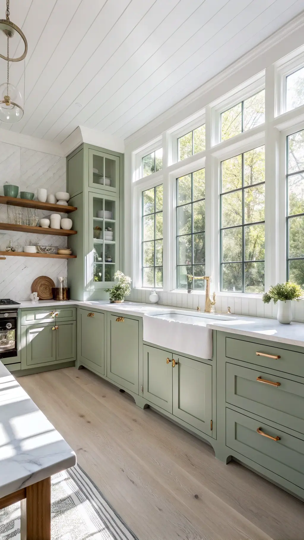 Sunny modern kitchen featuring sage green Shaker-style cabinets, white quartz countertops, brass hardware, a farmhouse sink and open shelving displaying ceramics, with natural white oak flooring.