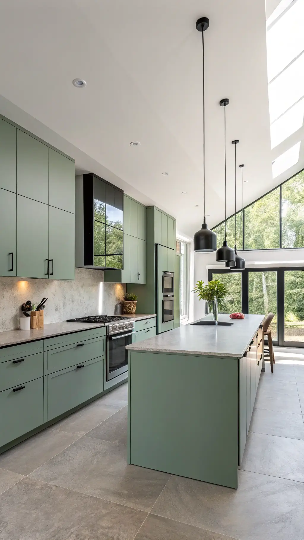 Modern minimalist kitchen with sage green handleless cabinets, matte black integrated appliances, and concrete waterfall island under sleek pendant lights, bathed in late afternoon light through floor-to-ceiling windows.