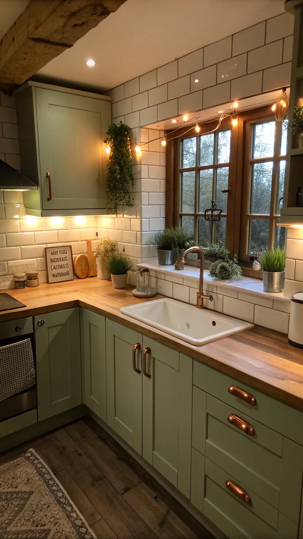 Cozy cottage kitchen with sage green cabinets, butcher block countertops, and white subway tile backsplash under warm LED lighting