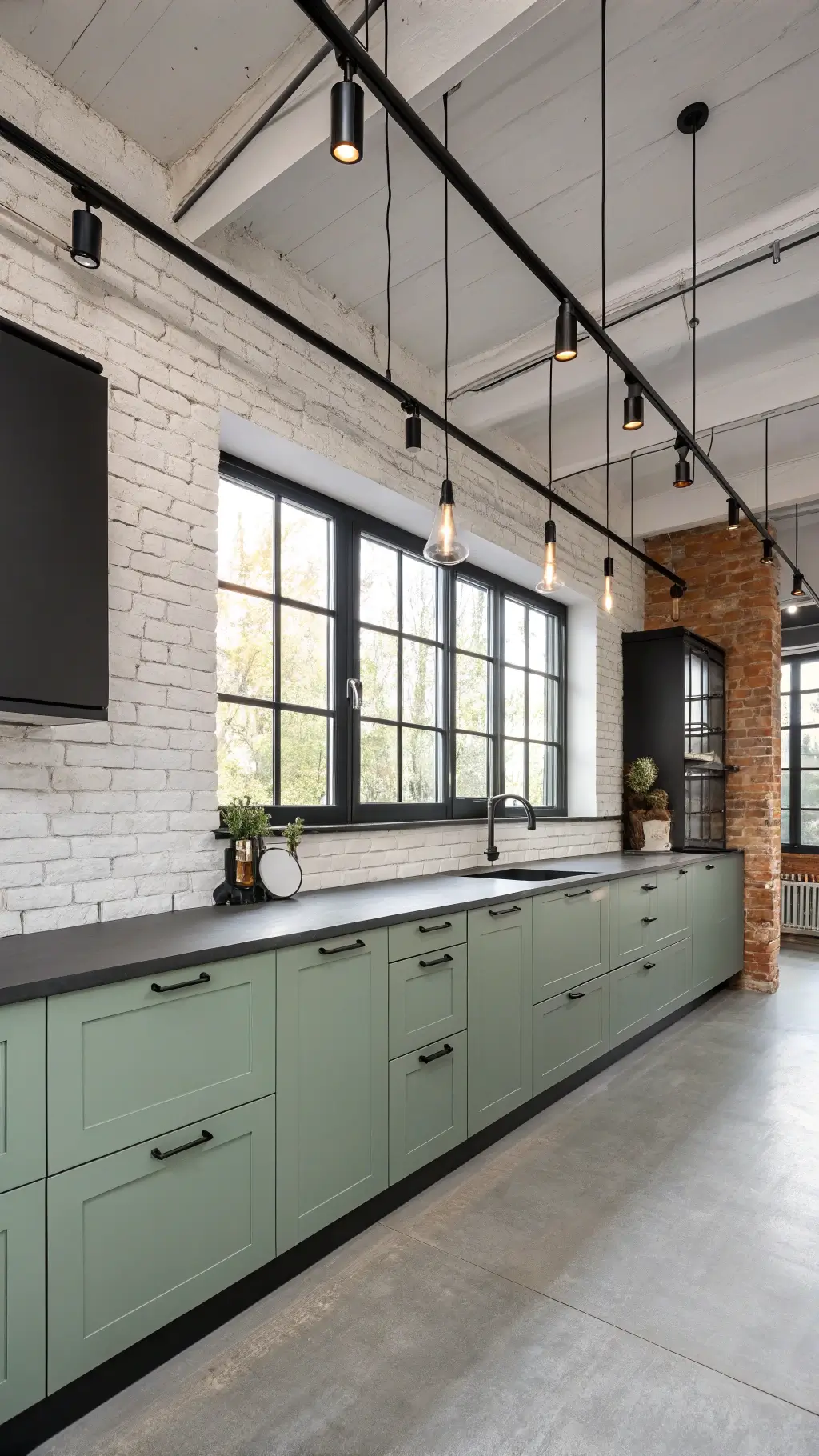 Two-tone modern industrial 14x16ft kitchen with October Mist green and matte black cabinets, white painted exposed brick wall, black steel-framed windows and polished concrete countertops under Edison bulb pendant lights.