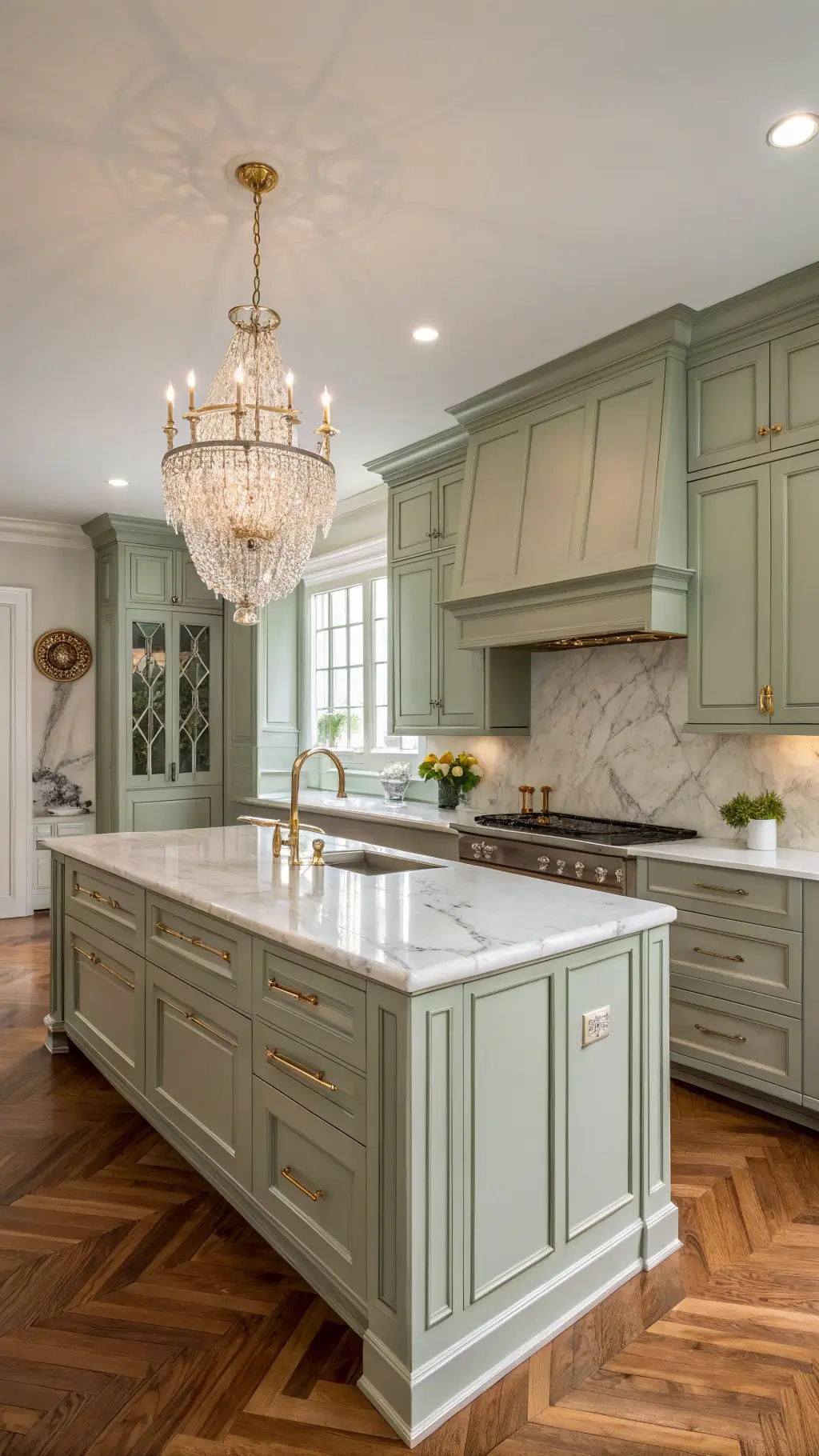 Traditional kitchen with sage green cabinets, marble-topped island with crystal chandelier, brass fittings, white marble backsplash, and hardwood herringbone floors during golden hour.