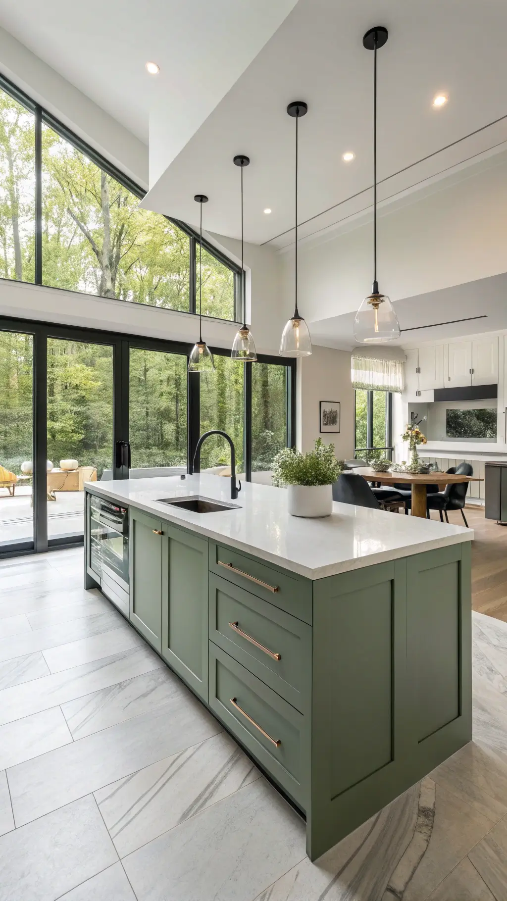 Spacious contemporary kitchen with sage green cabinets, a white quartz island, floor-to-ceiling windows, and minimalist pendant lights, including dining area under natural daylight.