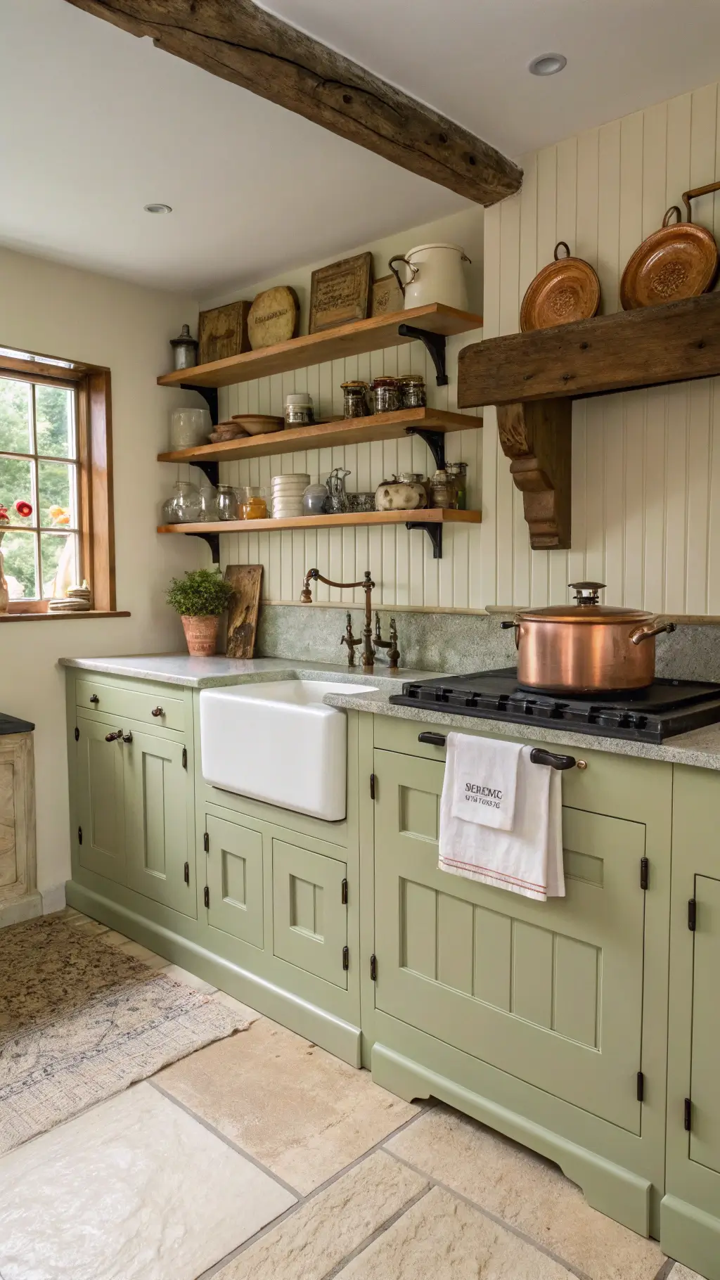 Farmhouse-style kitchen featuring sage green beadboard cabinets, cream-colored Aga range, vintage copper cookware on open shelving, white apron sink with bridge faucet, reclaimed wood floating shelves, in a homey atmosphere with soft morning light.