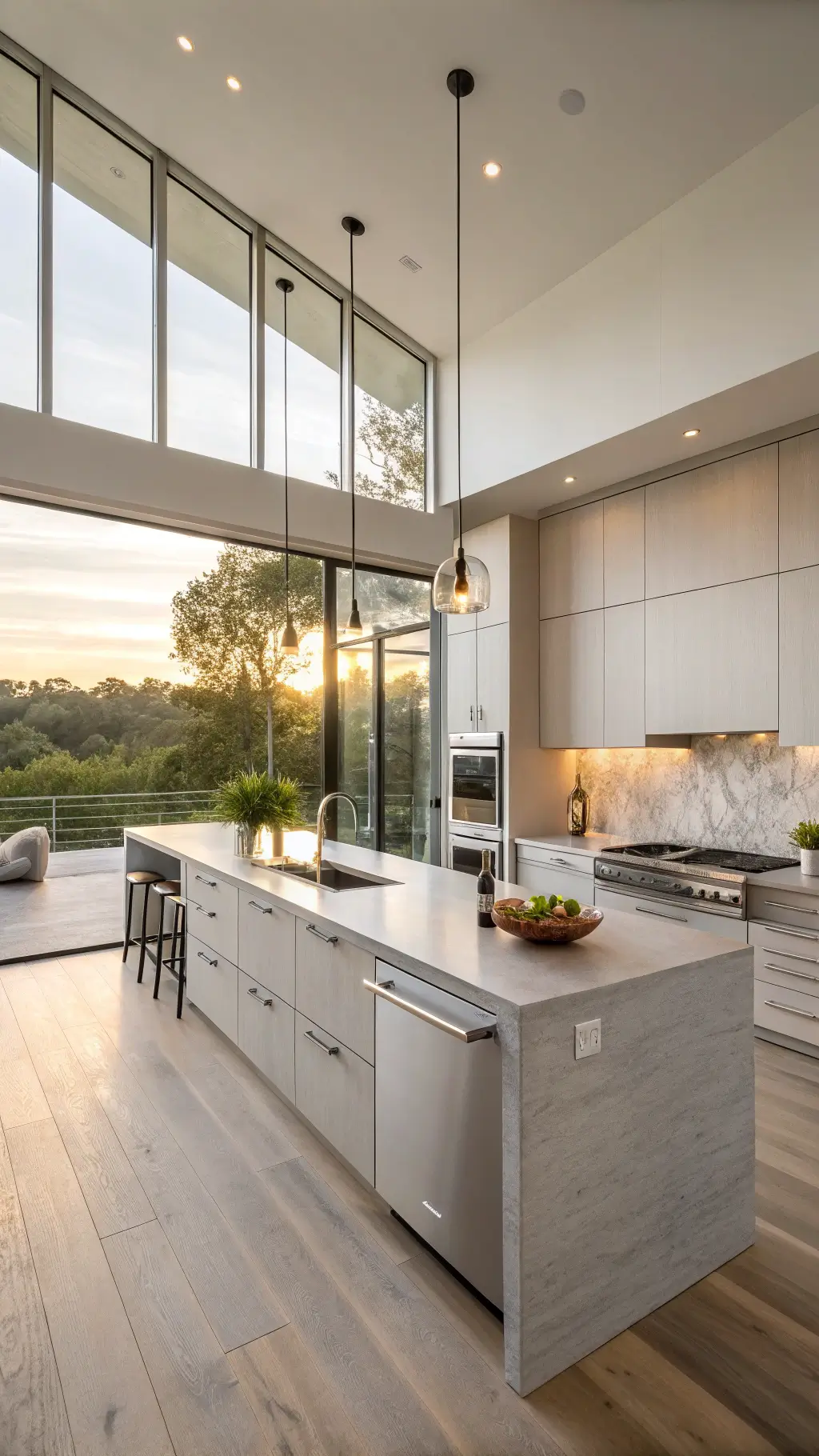 Modern minimalist kitchen with silver aluminum cabinets, white quartz island, stainless steel appliances, and concrete accents, flooded with golden sunset light through floor-to-ceiling windows.