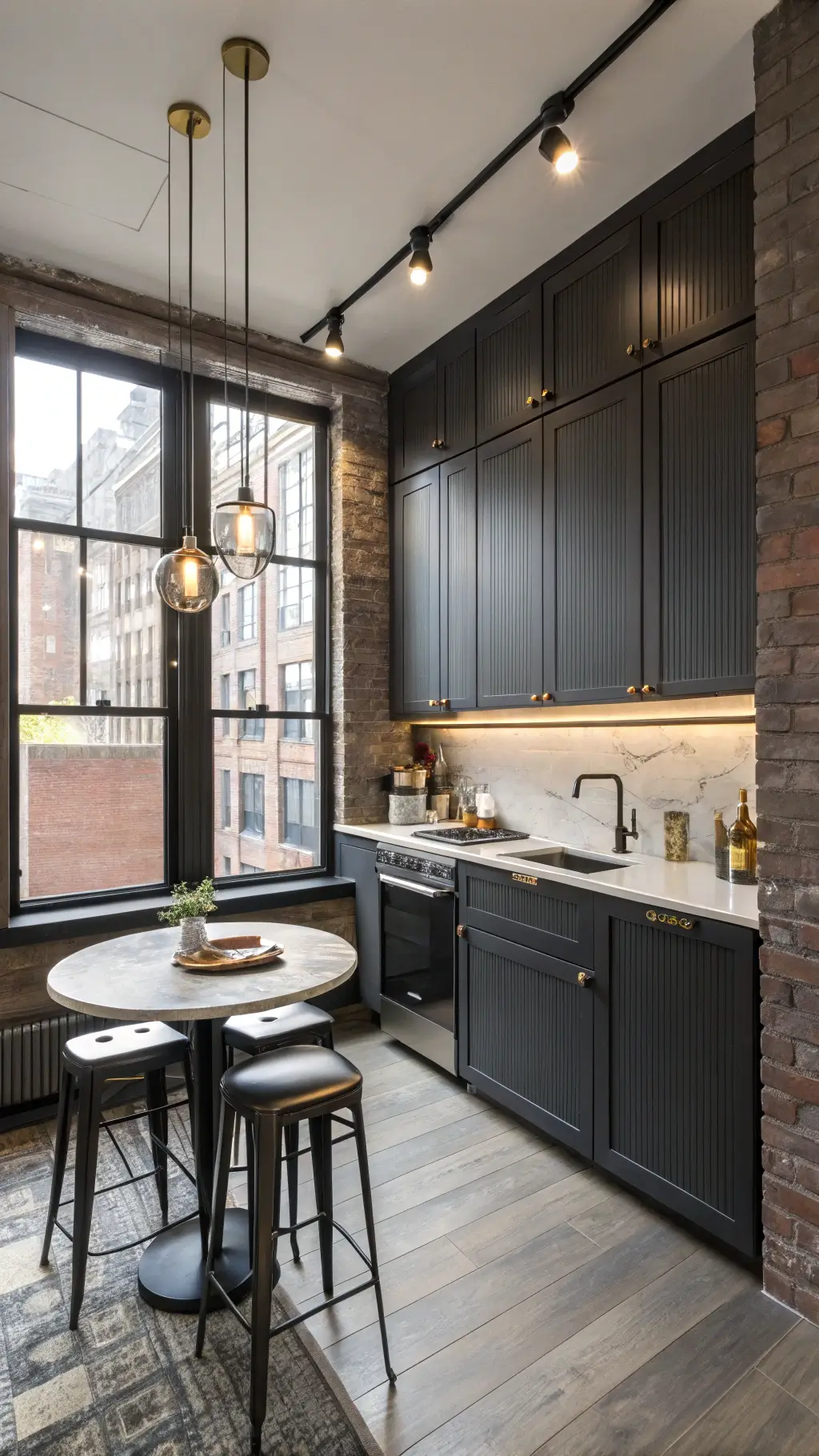 Compact 12x12ft open-concept kitchen with graphite aluminum cabinets, exposed brick wall, small marble bistro table with leather stools, vintage-style Edison bulb pendants, and morning light through industrial-style windows