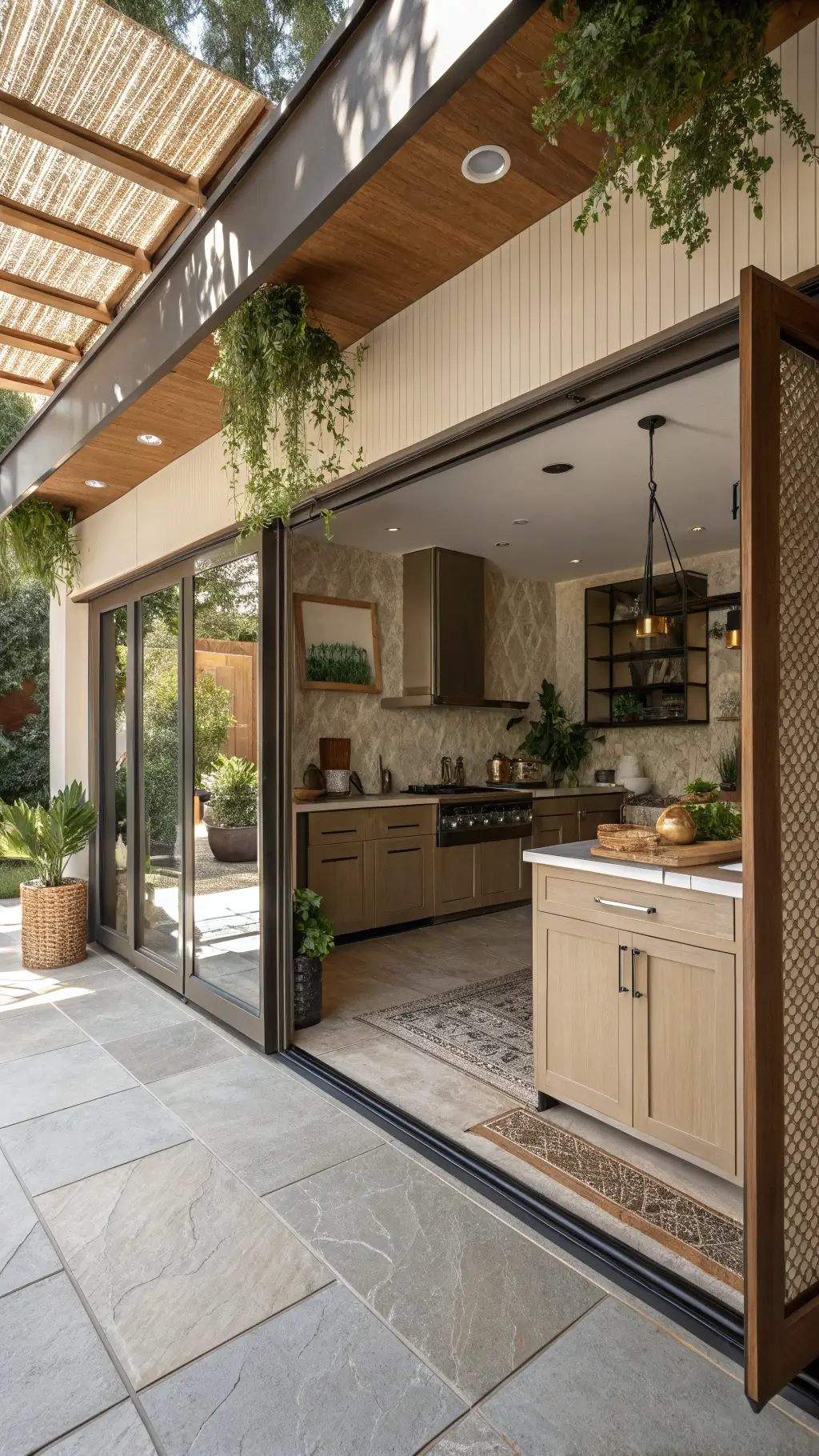 Transitional kitchen with champagne-colored cabinets and teak wood accents opening to a covered patio through accordion glass doors, accentuated by natural stone flooring, skylights, and hanging plants.