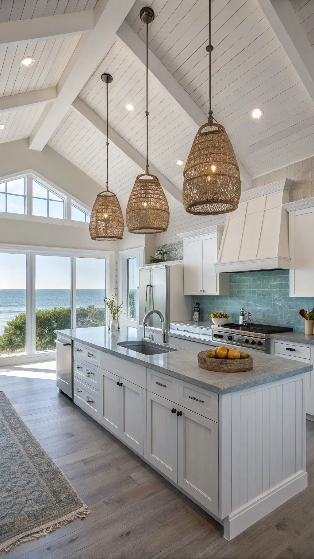 Expansive contemporary coastal kitchen with vaulted ceilings, white aluminum cabinets, pale blue glass backsplash, rattan pendant lights, and concrete countertop island, featuring ocean views and natural daylight.