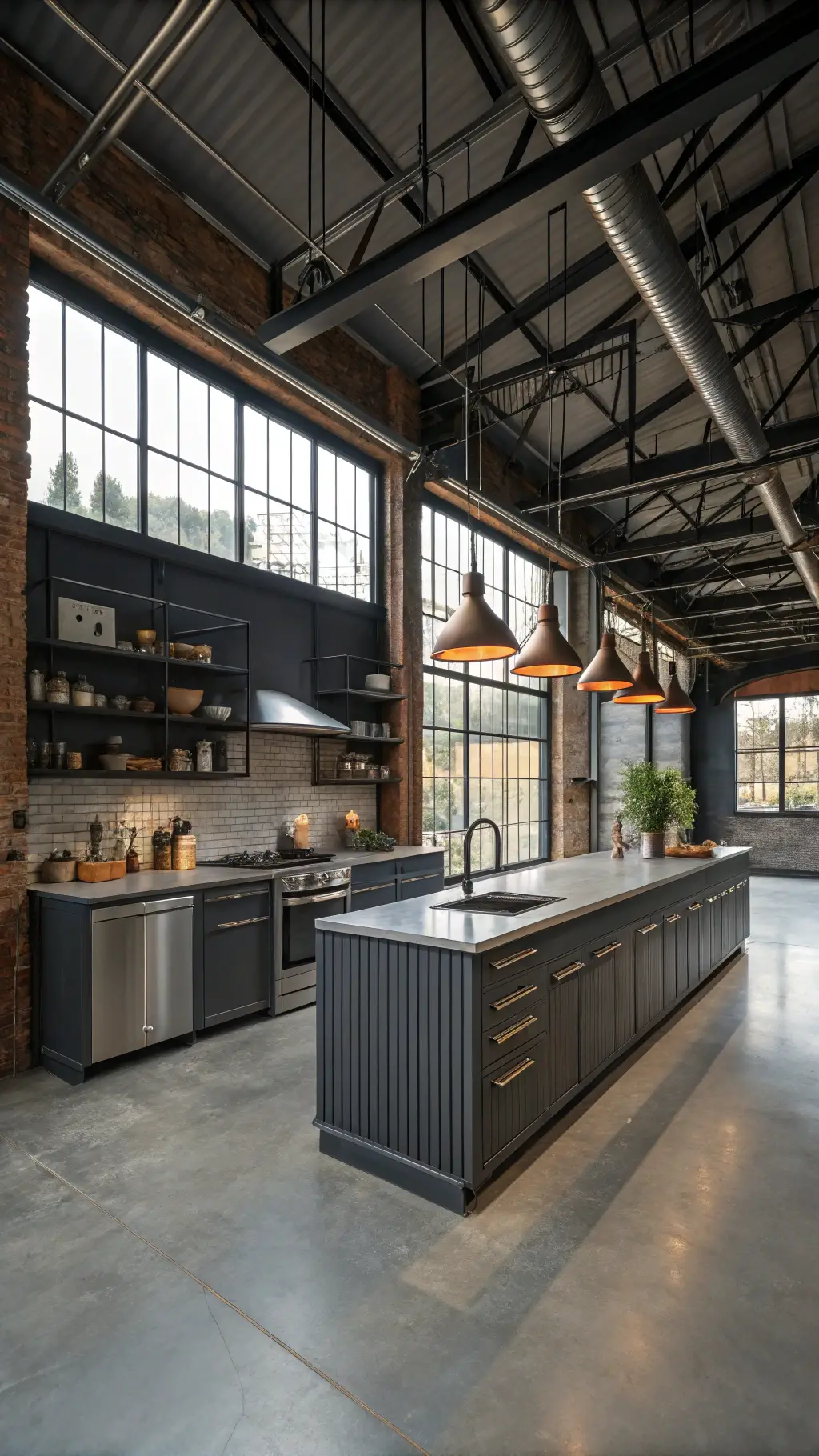 Aerial view of a spacious 16x20ft industrial loft kitchen with charcoal aluminum cabinets, polished concrete floors, factory windows, copper pendant lights, and live-edge wood shelves.