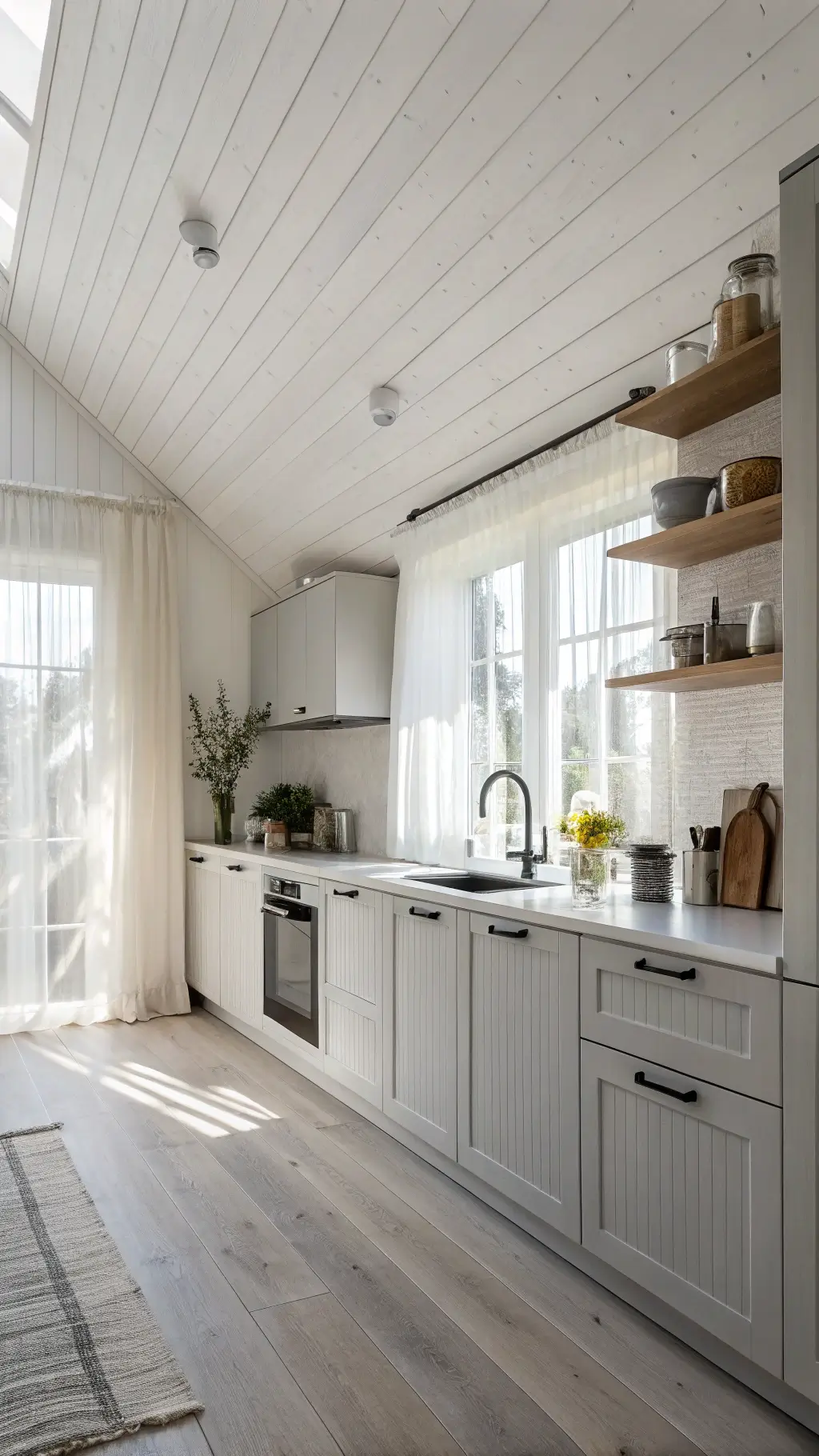 Scandinavian-inspired, bright and minimal kitchen with pitched white ceiling, silver aluminum cabinets, whitewashed oak flooring, ceramic vessels, linen textiles, black metal accents, and diffused morning light.