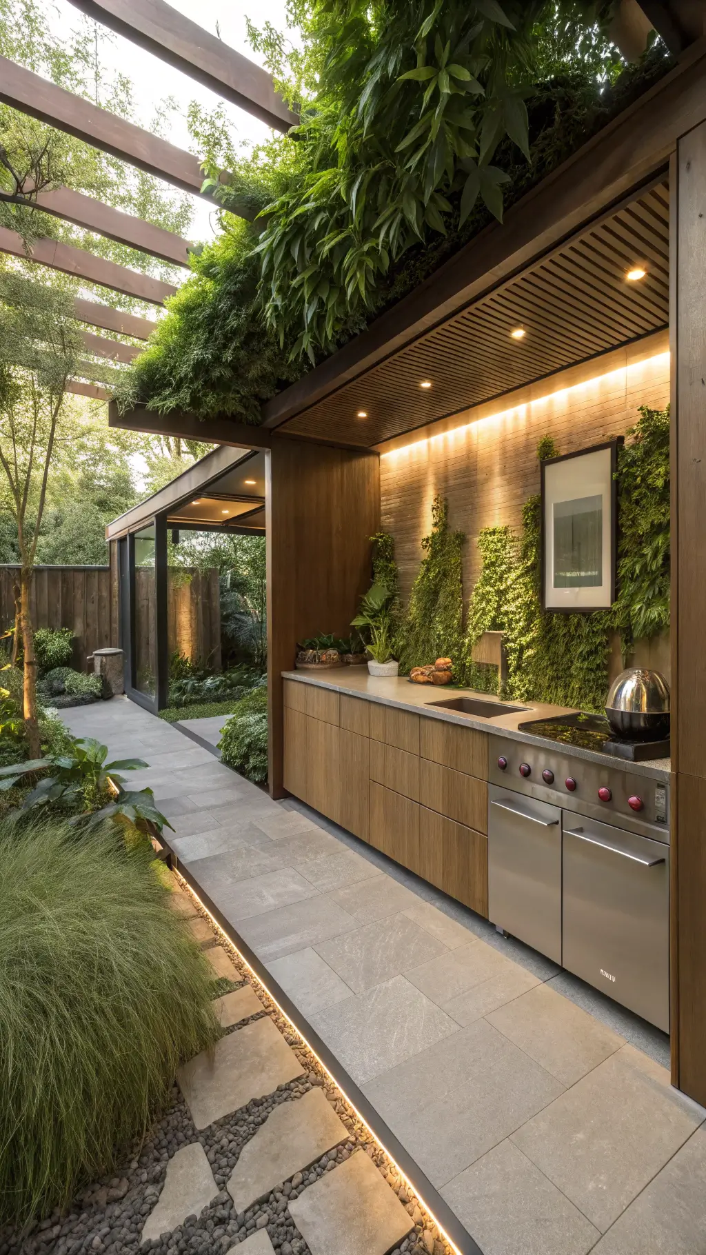 Eco-modern indoor-outdoor kitchen with bronze cabinets, bamboo accents, recycled glass countertops, natural stone flooring, and garden features including a living wall and herb garden window