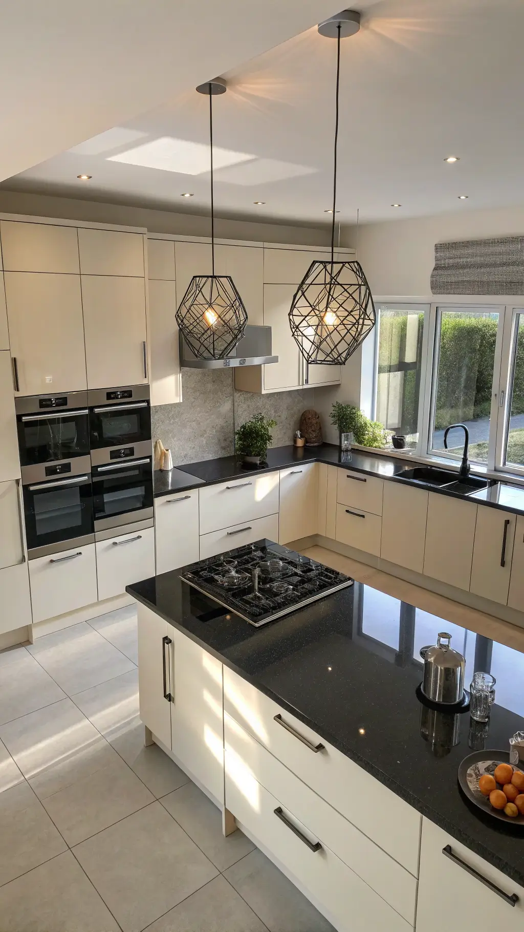 Aerial view of a contemporary minimalist kitchen with sleek cream cabinets, stainless steel appliances, black granite countertops, and geometric pendant lights.