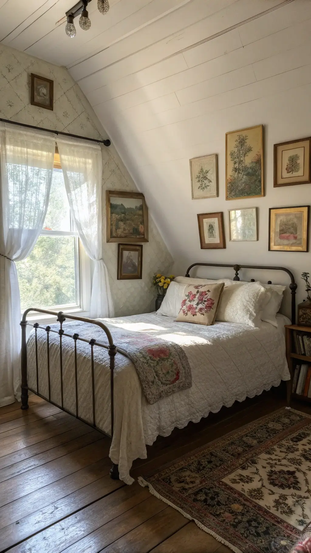 Cozy cottage bedroom with sloped ceilings, a dormer window, vintage pastoral paintings, an iron bed with quilted linens, and a faded Persian rug in early morning light.