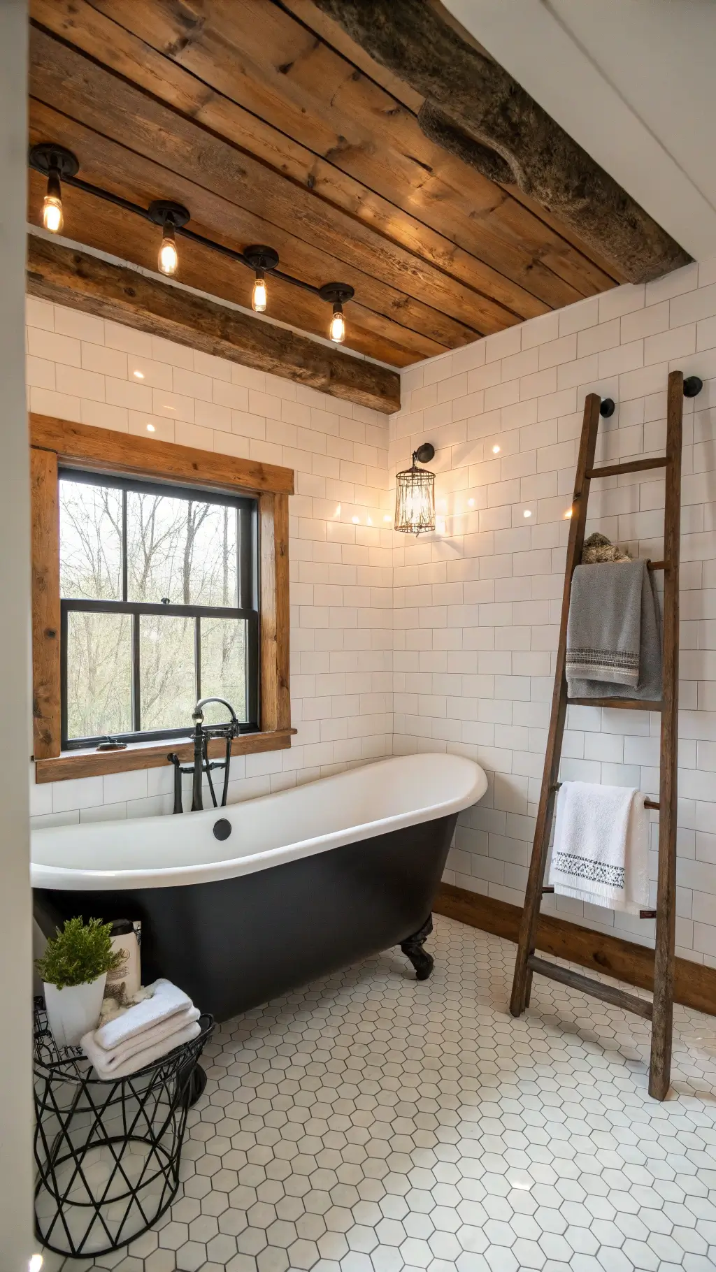 Vintage styled farmhouse bathroom with 12ft ceiling, exposed wooden collar ties, white hexagon floor tiles, subway tile walls, industrial black light fixtures, and black clawfoot tub beneath a window frame mirror.