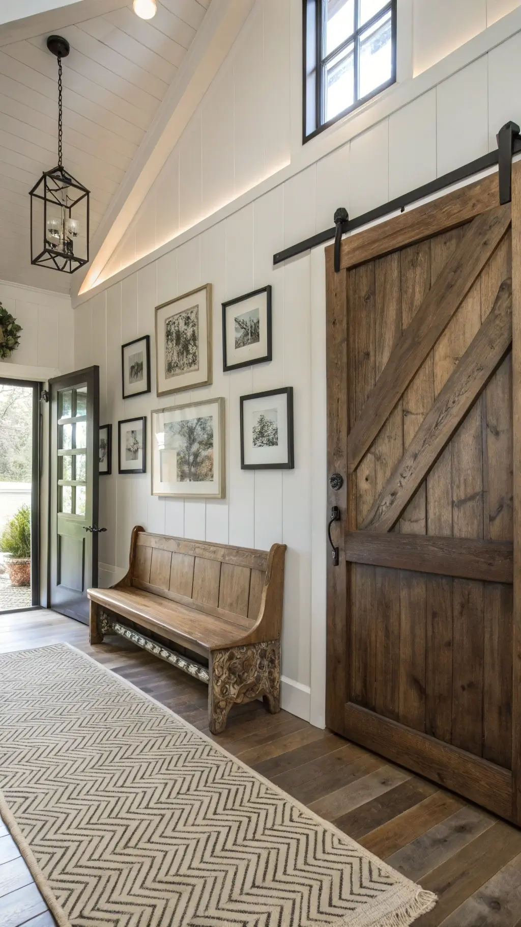 Two-story farmhouse entryway featuring an antique pine church bench, vintage botanical prints, zinc-washed sliding barn door, and natural fiber herringbone runner.