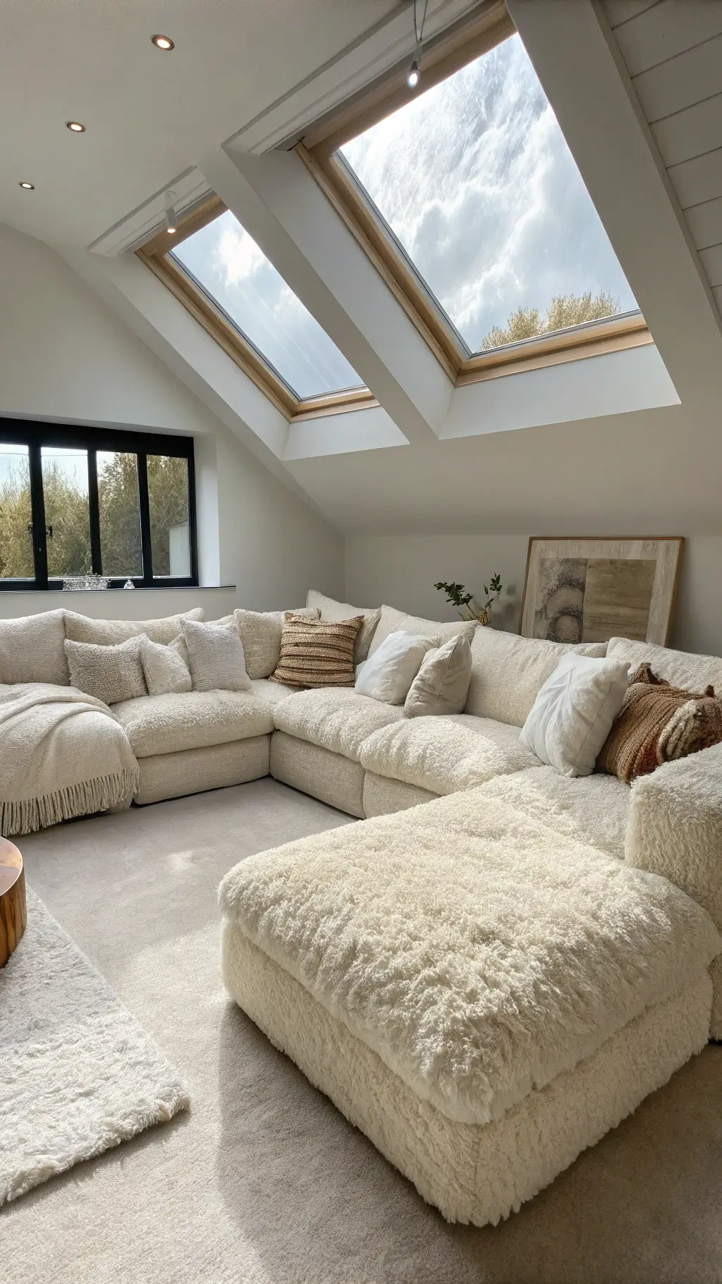 Ethereal and intimate living space with oversized cream bouclé sectional, textured neutral-toned throw pillows, and natural skylight illumination