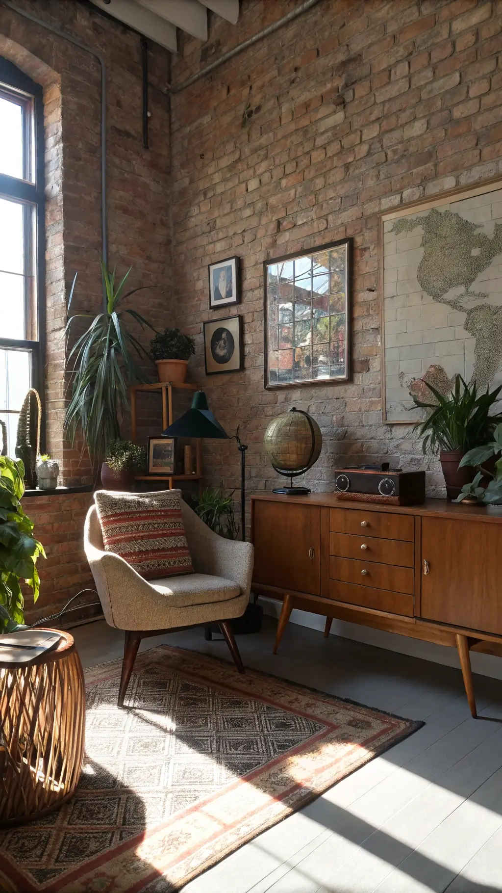 Eclectic room with vintage and handcrafted items, mid-century modern furniture, global artifacts, and exposed brick wall lit by late morning light casting shadows through plants.