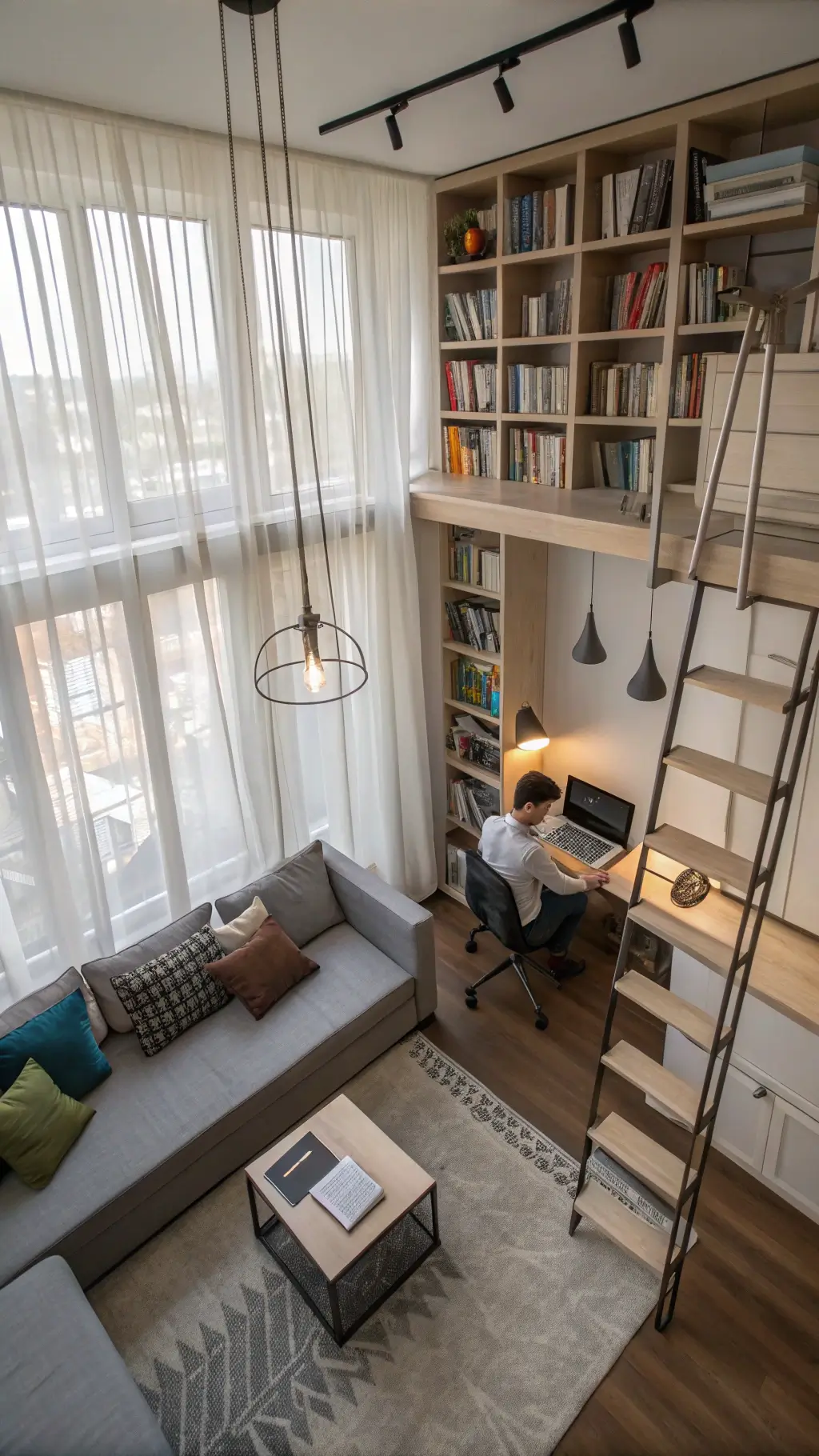 Overhead view of a multifunctional living space with built-in library, modular seating, reading nook, hidden storage ottomans, and integrated desk space, illuminated by morning light filtering through translucent curtains.