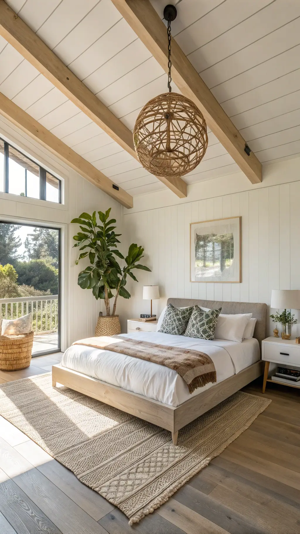 Sun-filled master bedroom with high ceilings, exposed wood beams, bleached oak platform bed with geometric cushions, rattan pendant light, and a fiddle leaf fig plant.