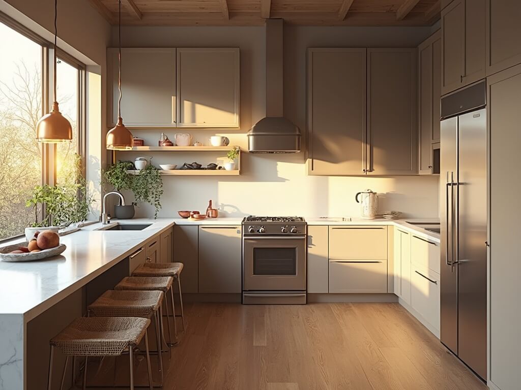 "Modern taupe kitchen interior with Shaker-style cabinets, white quartz countertops, vintage copper pendant lights, and stainless steel appliances, bathed in warm golden hour light."