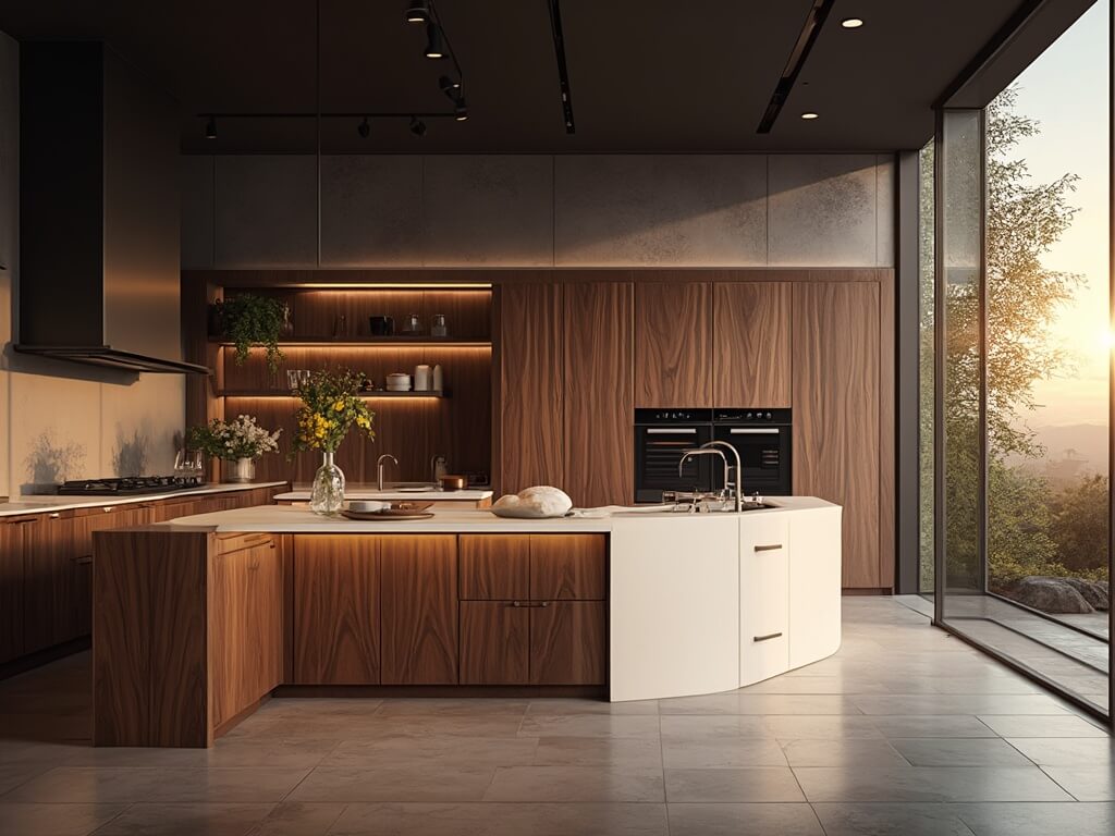 "Luxurious modern walnut kitchen with evening ambiance, featuring floor-to-ceiling windows, white quartz waterfall island and black stainless appliances"