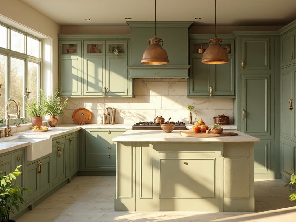 "Luxurious sage green kitchen with brass accents, white quartz countertops, and rustic oak island during golden hour"