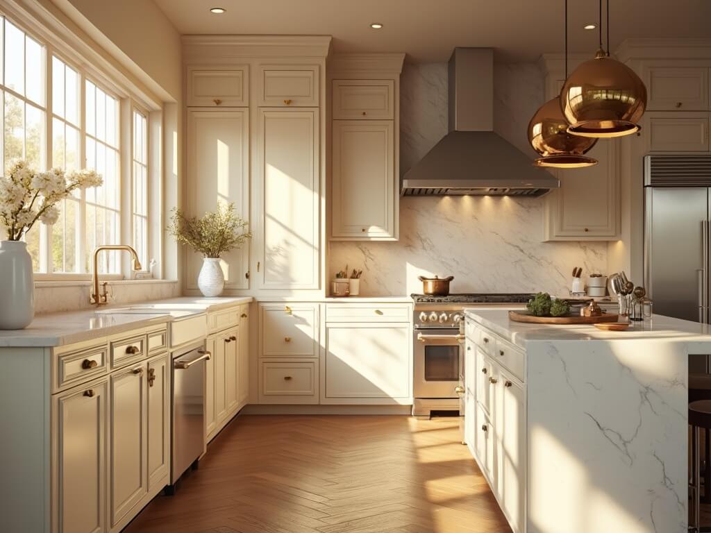 "Luxurious transitional beige kitchen with marble countertops and brass accents at golden hour"