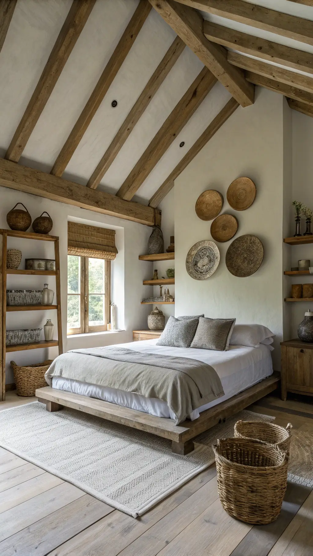 Early morning view of a serene 16x18ft bedroom with exposed wooden beams, a reclaimed wood platform bed dressed in muted sage linen, vintage ceramic bowls and handwoven baskets on floating shelves, and soft light filtering through rice paper screens.
